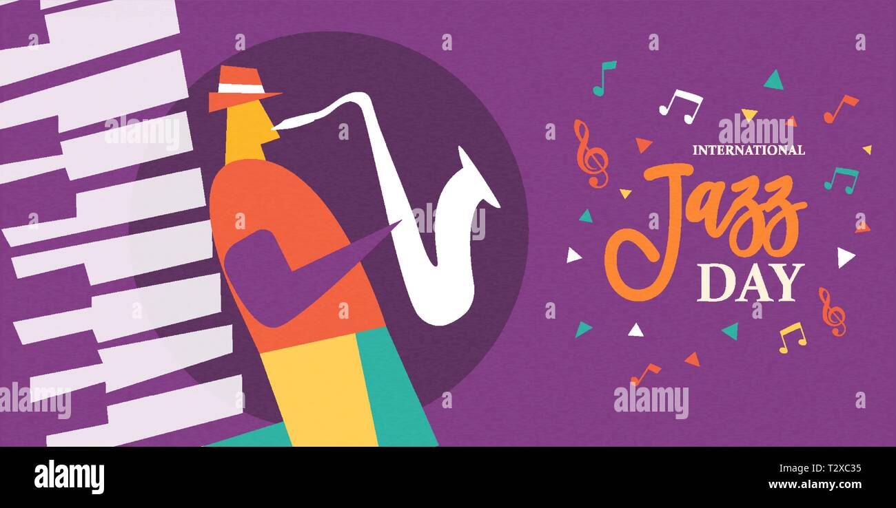 International Jazz Tag poster Abbildung: Mann spielt Saxophon Musikinstrument im Konzert oder Festival Veranstaltung. Stock Vektor