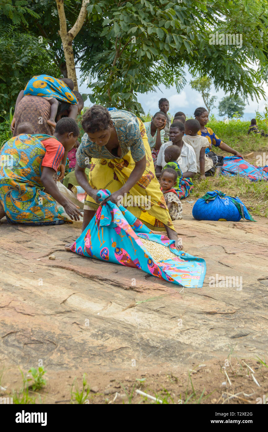 Frau bindet die Enden mit einem Tuch zu tragen Hilfe in einem Dorf in Malawi, Mais Stockfoto