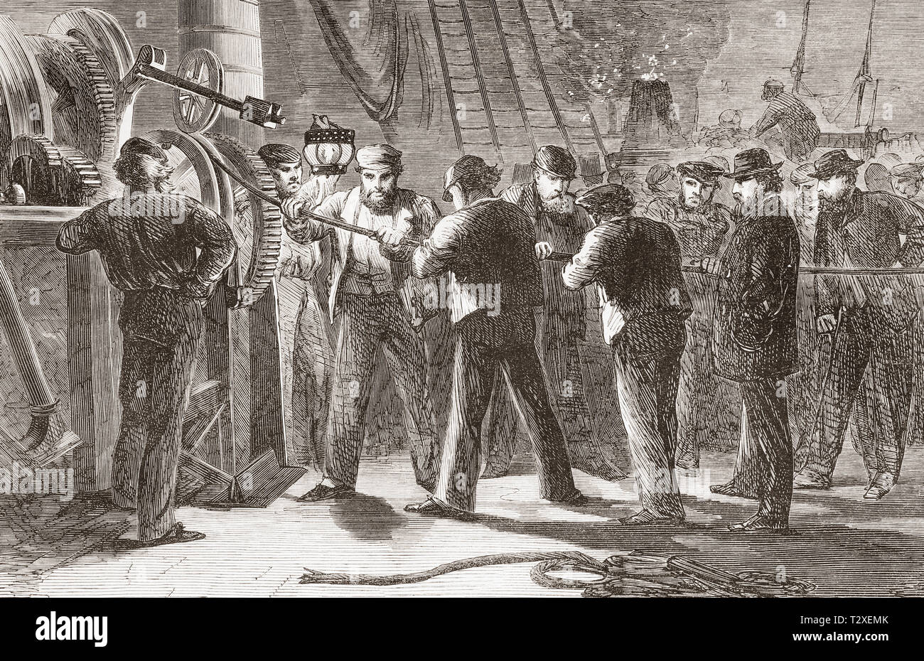 Arbeitnehmer, Prüfung der Atlantic telegraph Kabel, nachdem Sie es Anheben an Bord der Großen Östlichen. Von der Illustrated London News, veröffentlicht 1865. Stockfoto