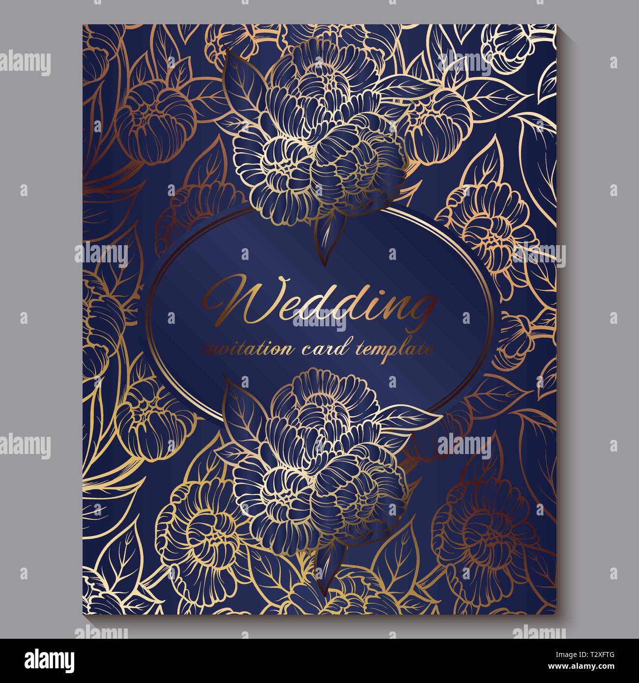 Exquisite Royal Luxus hochzeit einladung, Gold auf blauem Hintergrund mit Rahmen und Platz für Text, lacy Laub von Rosen oder Päonien mit Golden sh gemacht Stock Vektor