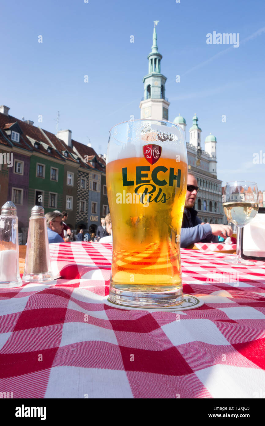Ein Glas Lech pillen Bier auf einem Tisch im Restaurant draußen in der Altstadt von Posen, Polen Stockfoto