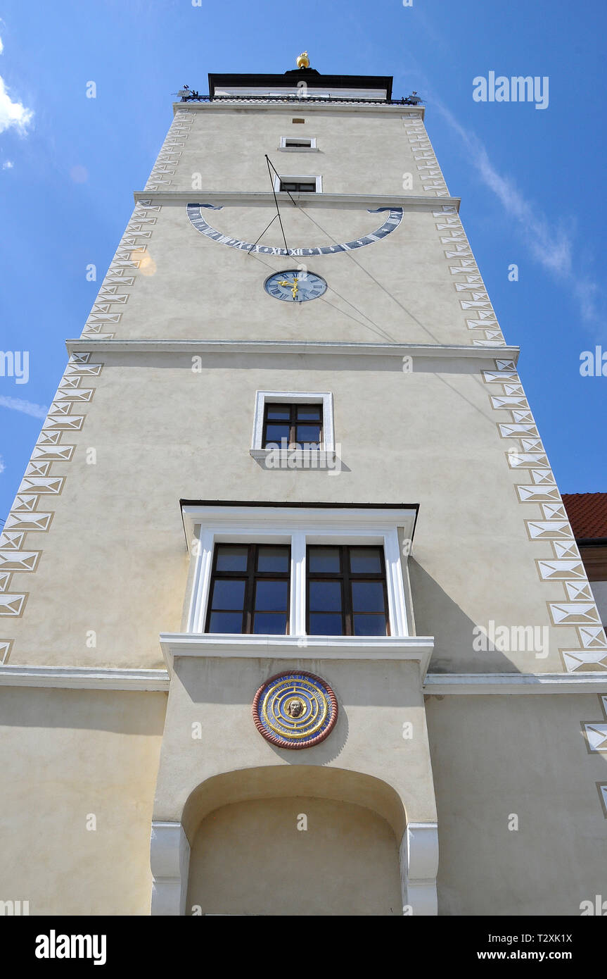 Stadtturm, Mestská veža, Trnava, Slowakei. Várostorony, Nagyszombat, Szlovákia. Stockfoto