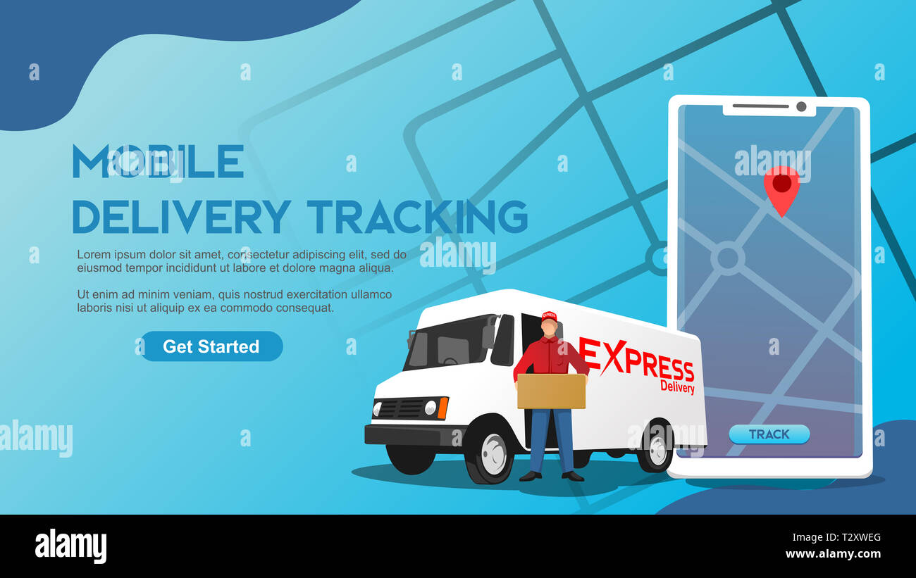 Mobile Delivery tracking Delivery Man mit Karte Hintergrund flachbild Vector Illustration für Web und Präsentation Stockfoto