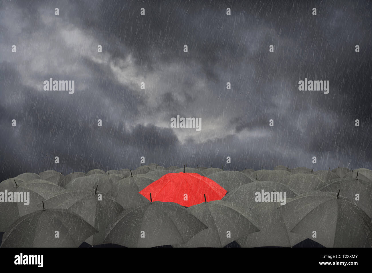 Einen roten Regenschirm von schwarzen Schirmen im Regen umgeben Stockfoto