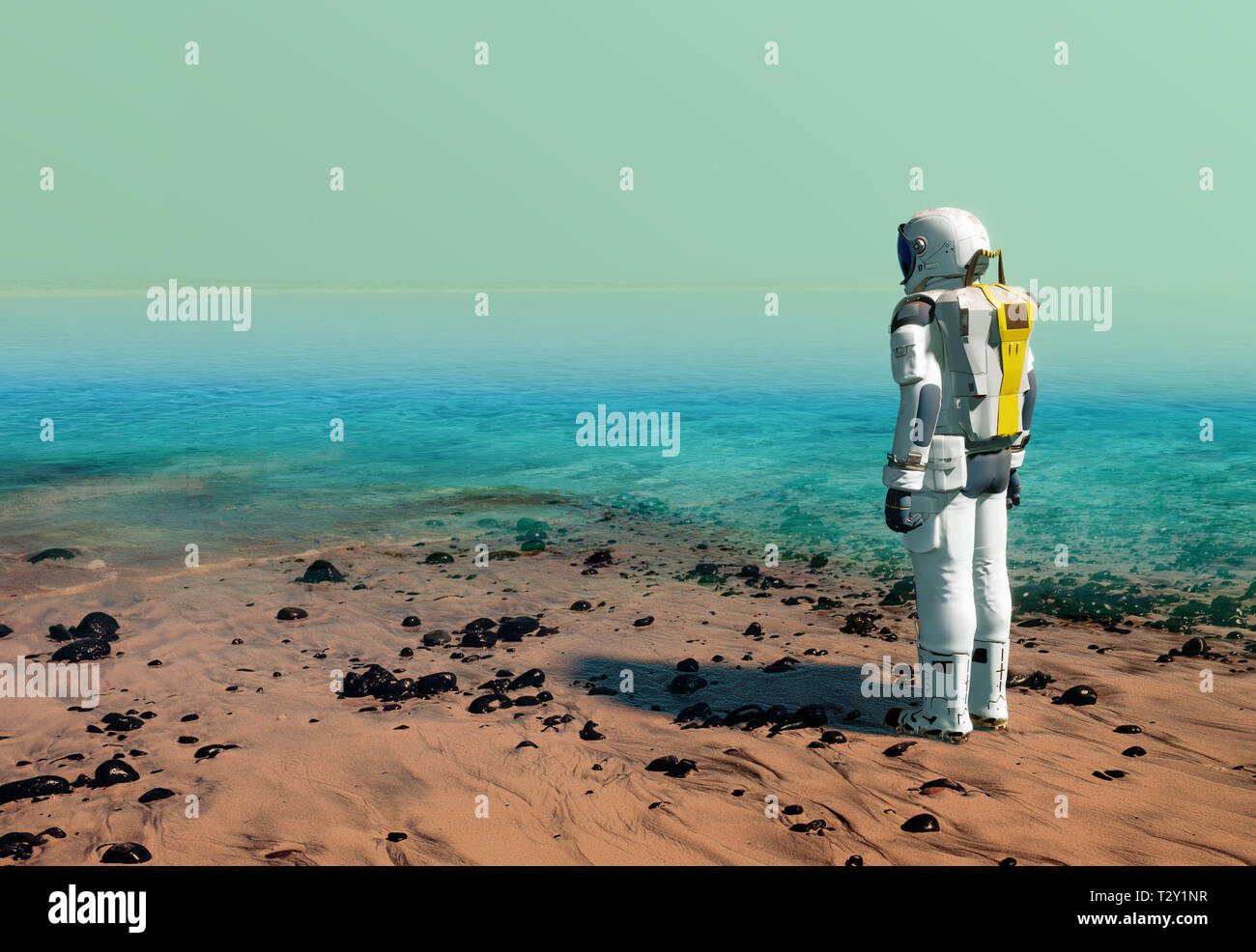Astronaut am Strand von künstlichen Stausee, See, tragen einen Raumanzug auf dem Mars oder einem anderen Planeten nach dem Terraforming. 3D-Darstellung Stockfoto