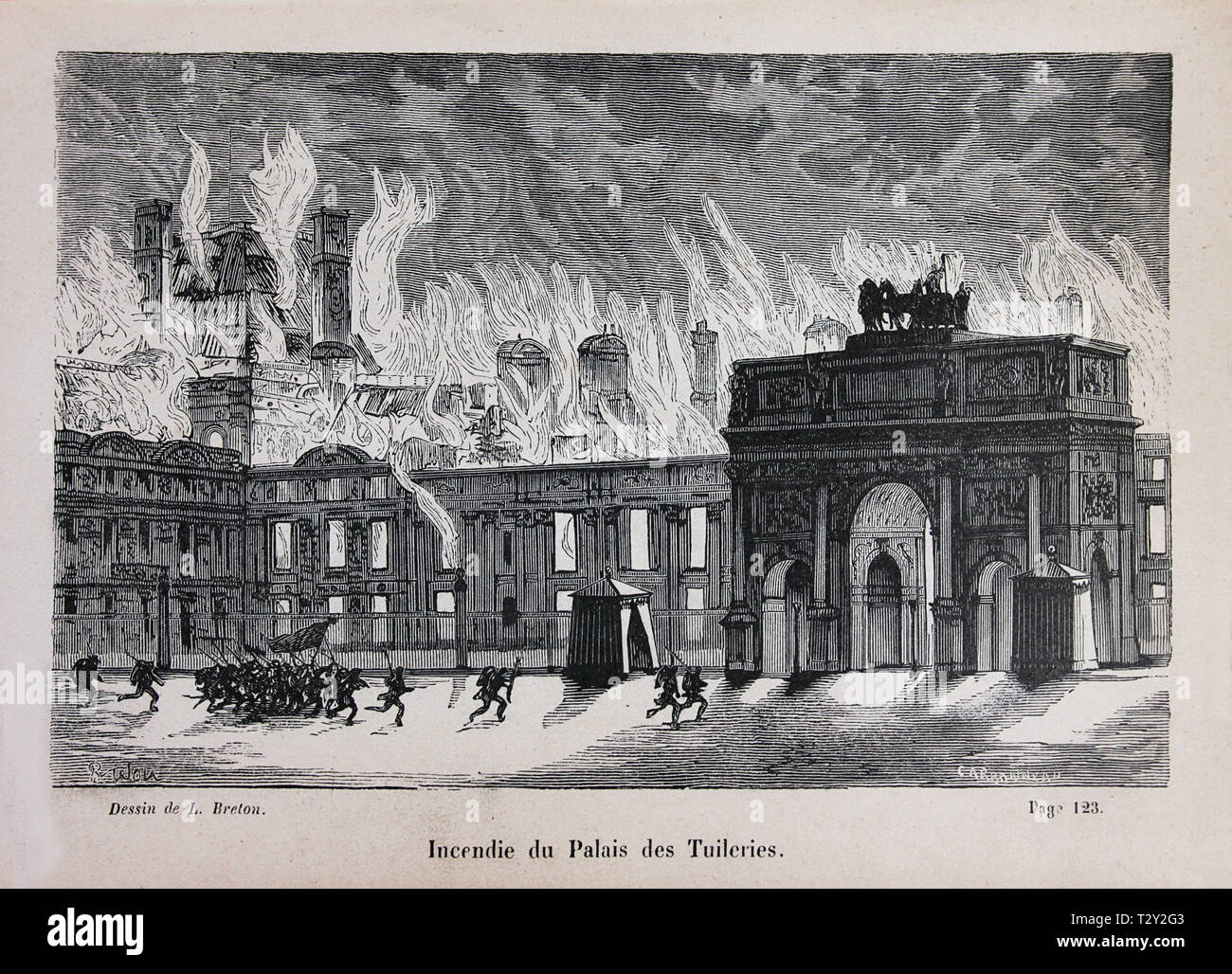 Der Brand an den Tuileries Palace am 23. Mai 1871 während der Pariser Kommune, Gravur nach Foto. Stockfoto