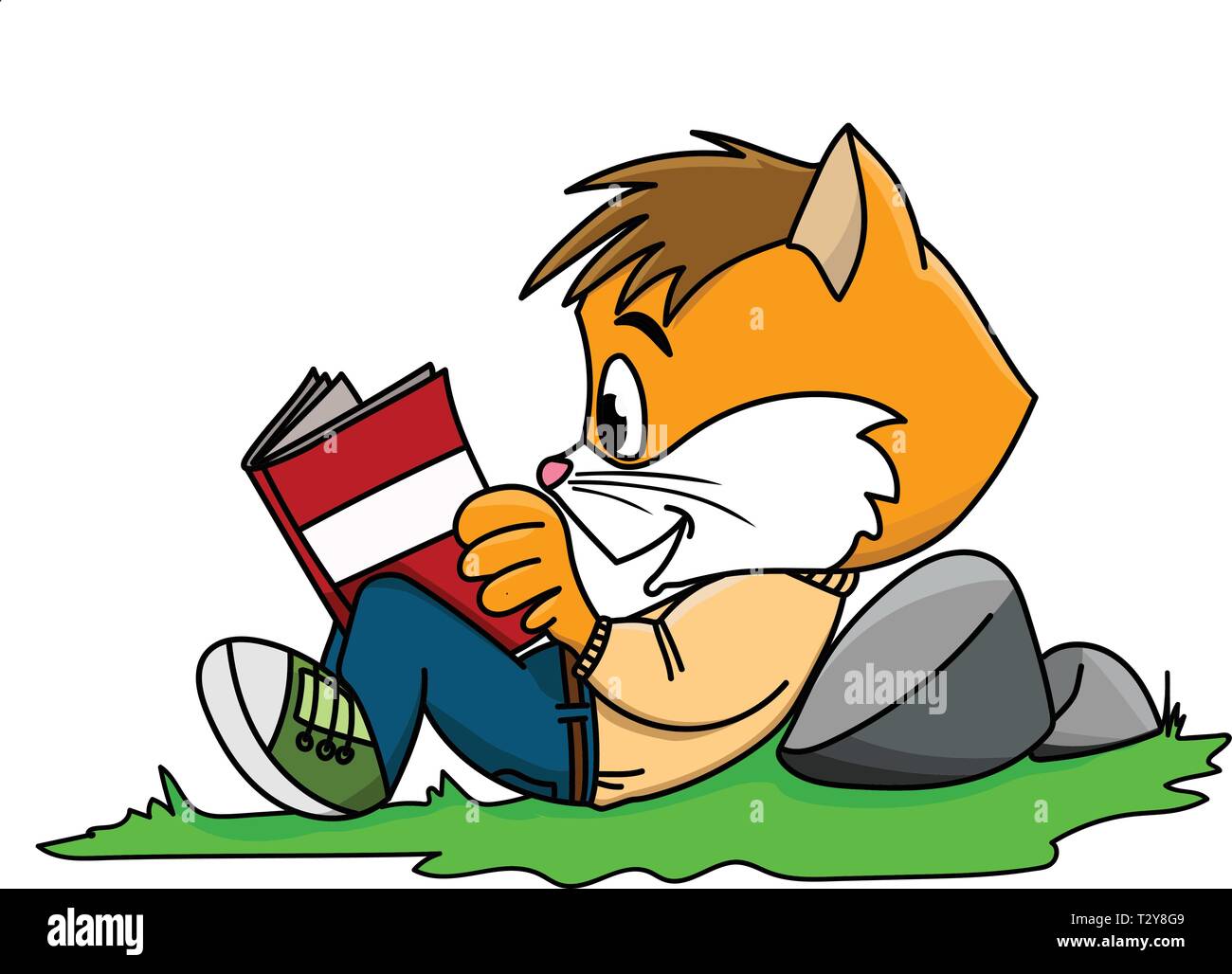 Cartoon cat ein Buch lesen liegen auf Gras Vector ...