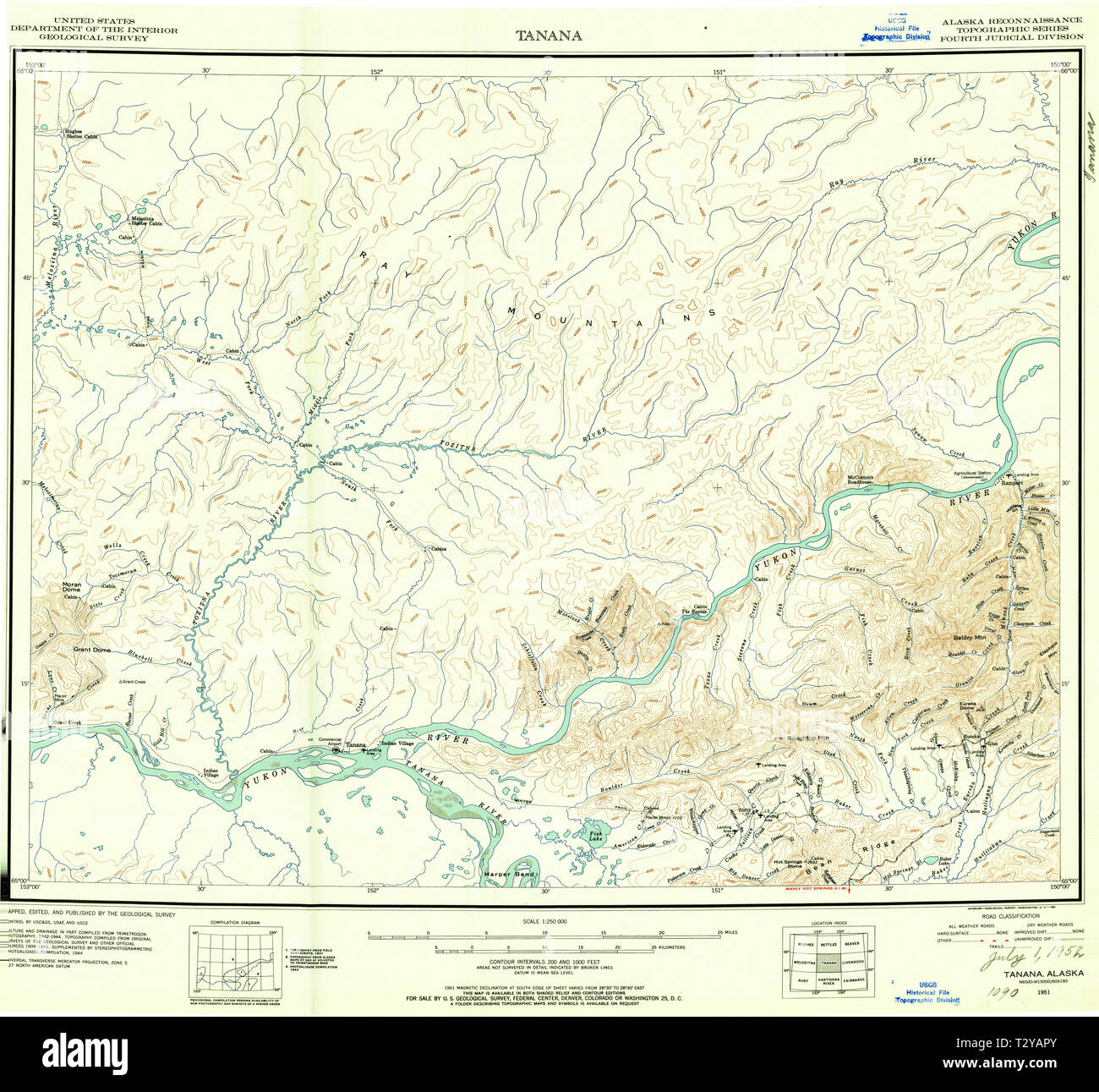 USGS TOPO Karte Alaska AK Tanana 361533 1951 250000 Restaurierung Stockfoto