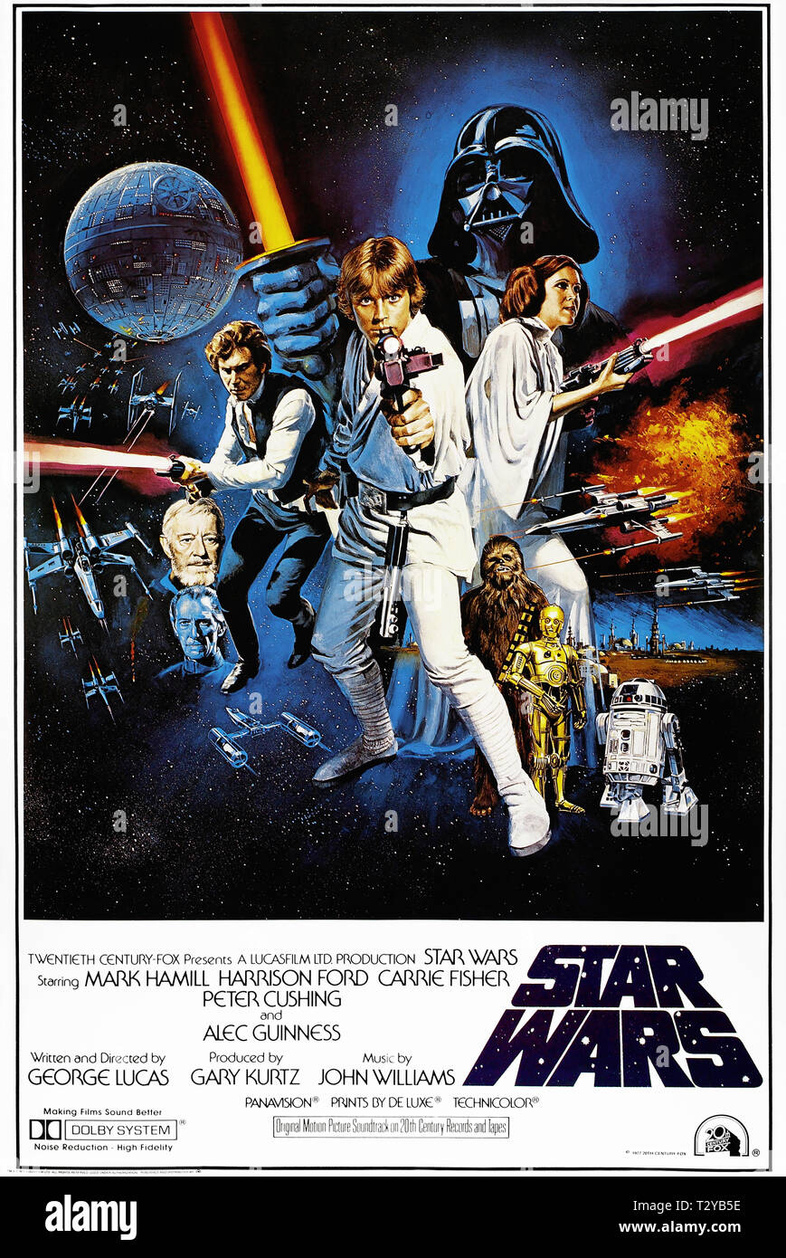 PETER CUSHING, Alec Guinness, Harrison Ford, Mark Hamill, David Prowse, Peter Mayhew, Anthony Daniels, Kenny Baker, Carrie Fisher POSTER Stockfoto