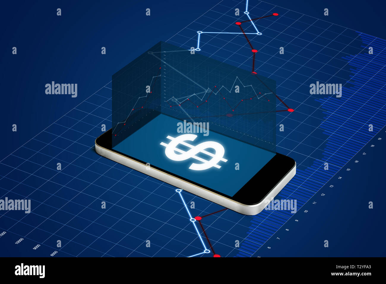 Smart Phone mit Währung Zeichen auf dem Bildschirm, und Unternehmen finanzielle Graph. Digitale Währung, online banking, online Börse und e-commerce Stockfoto
