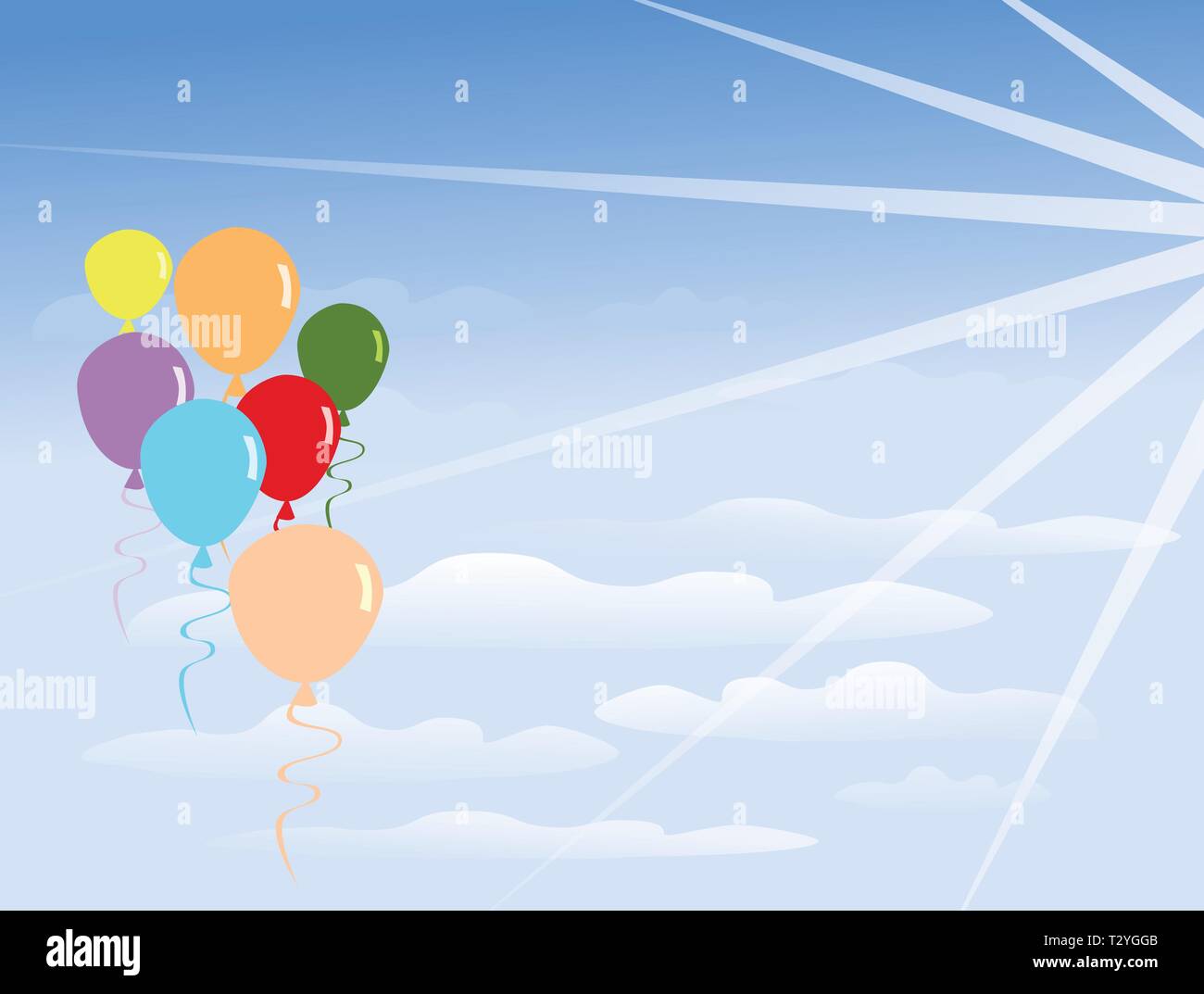 Gruppe von bunten Ballons schwebt auf Wolken. Es ist das Licht der Sonne, blauer Himmel Hintergrund Stock Vektor
