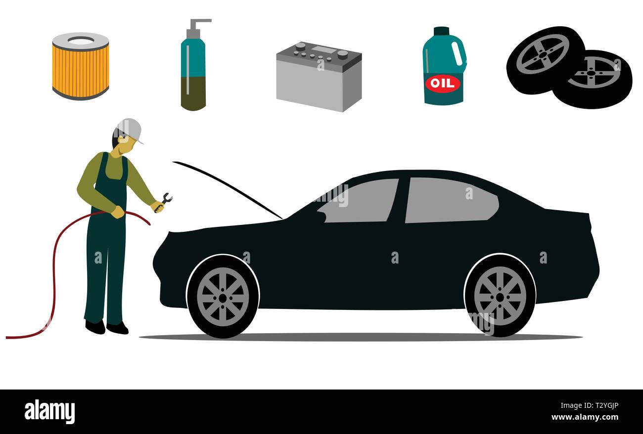 Die Auto Service Center überprüft die Autos auf weißem Hintergrund Stock Vektor