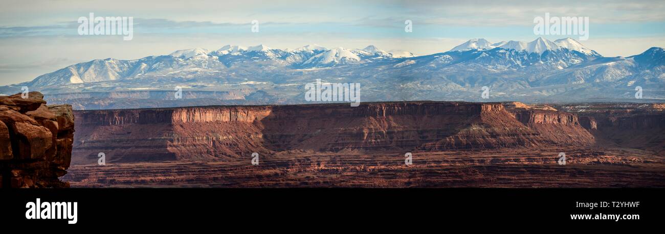 Blick vom Grand View Point, La Sal Mountains, La Sal, Insel im Himmel, Canyonlands National Park, Moab, Utah, USA Stockfoto