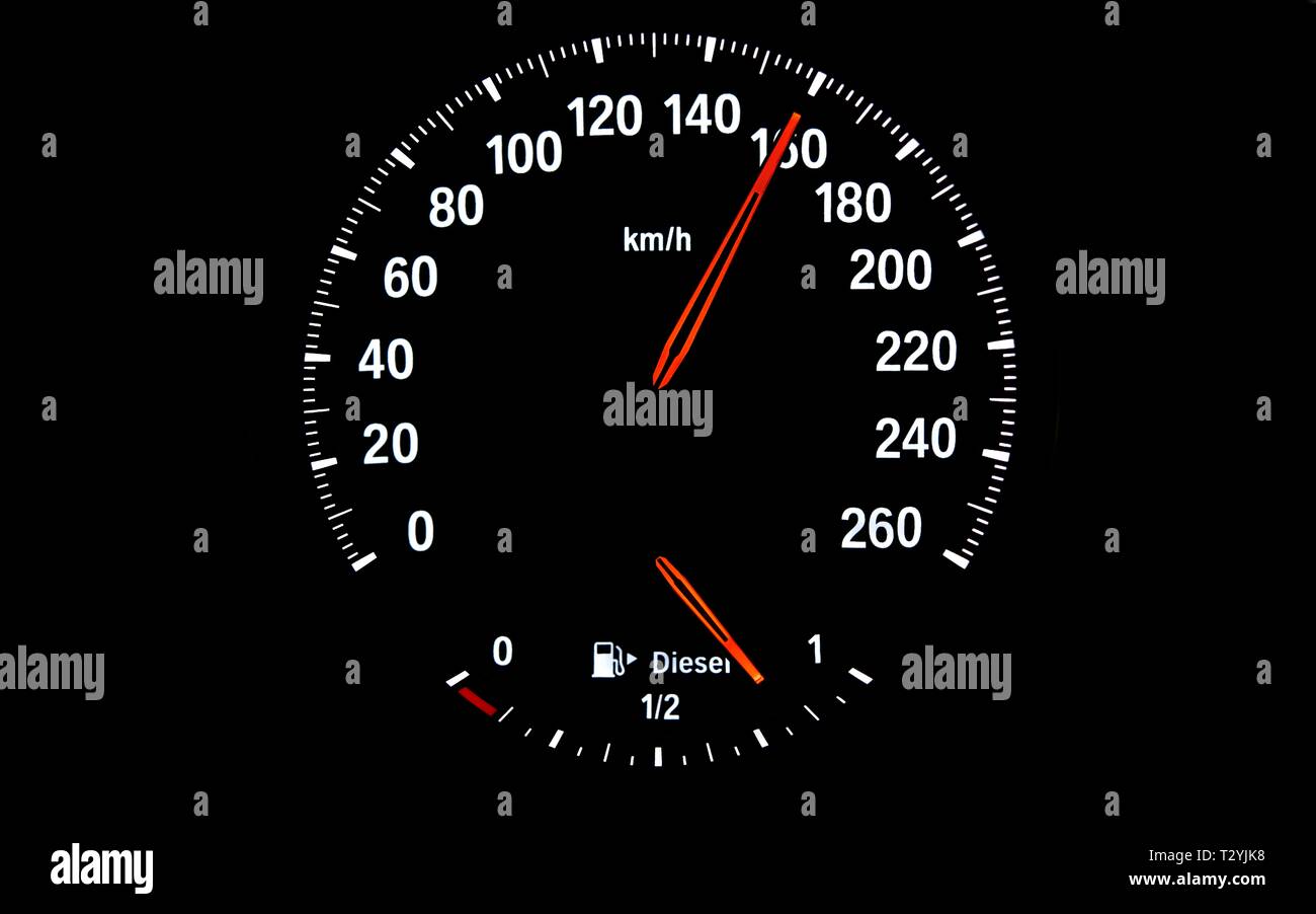 Tachometer mit Kraftstoffanzeige für Diesel, Geschwindigkeit 160 km/h, Symbol Bild Gefahr durch überhöhte Geschwindigkeit, zu schnell fahren, Deutschland Stockfoto