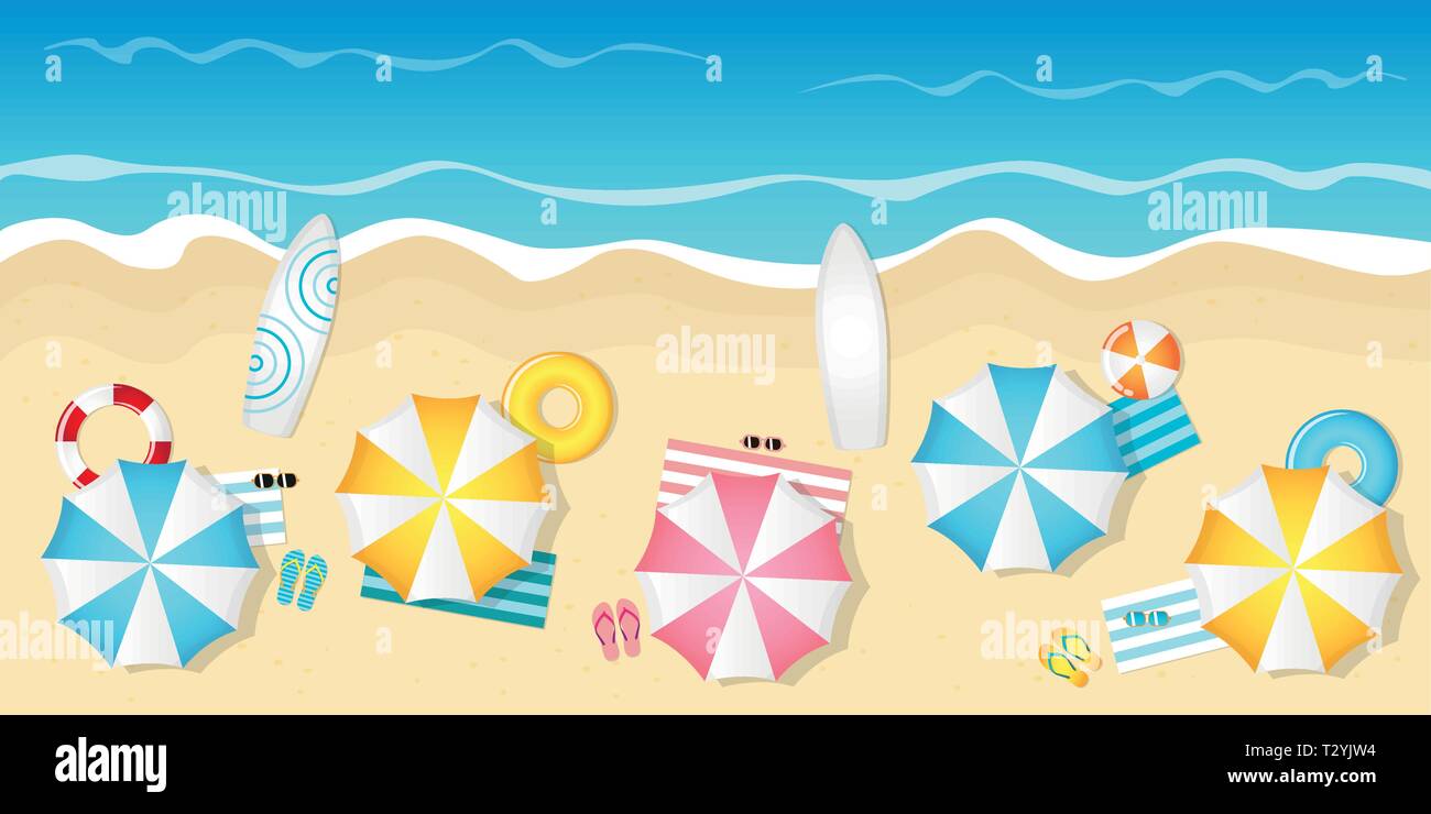 Touristische Strand mit Sonnenschirmen Sonnenbrille und Surfbretter Vektor-illustration EPS 10. Stock Vektor