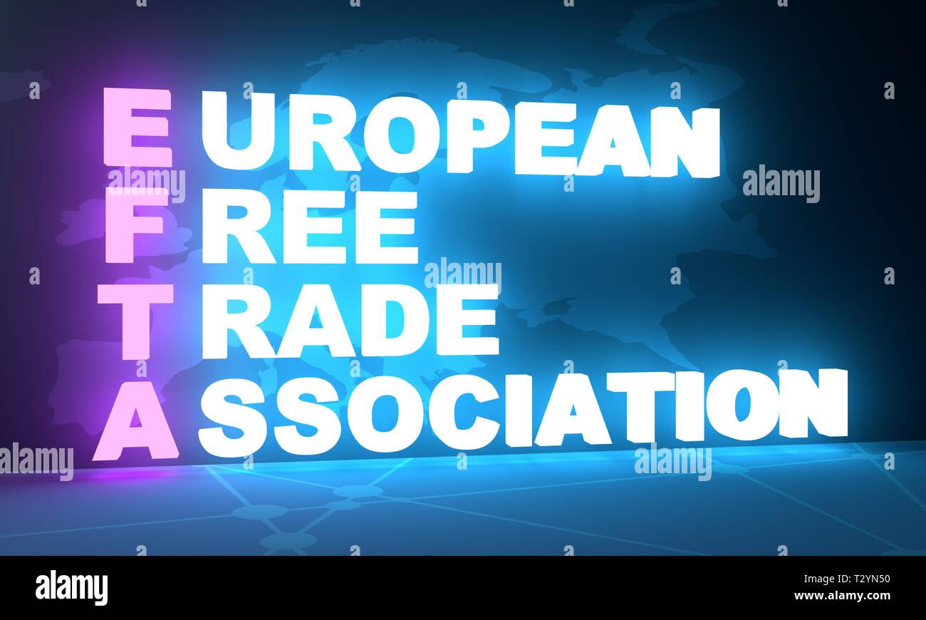 Abkürzung EFTA - Europäische Freihandelsassoziation. Business konzeptionelle Bild. 3D-Rendering. Neon Lampe Beleuchtung. Globales Teamwork. Stockfoto