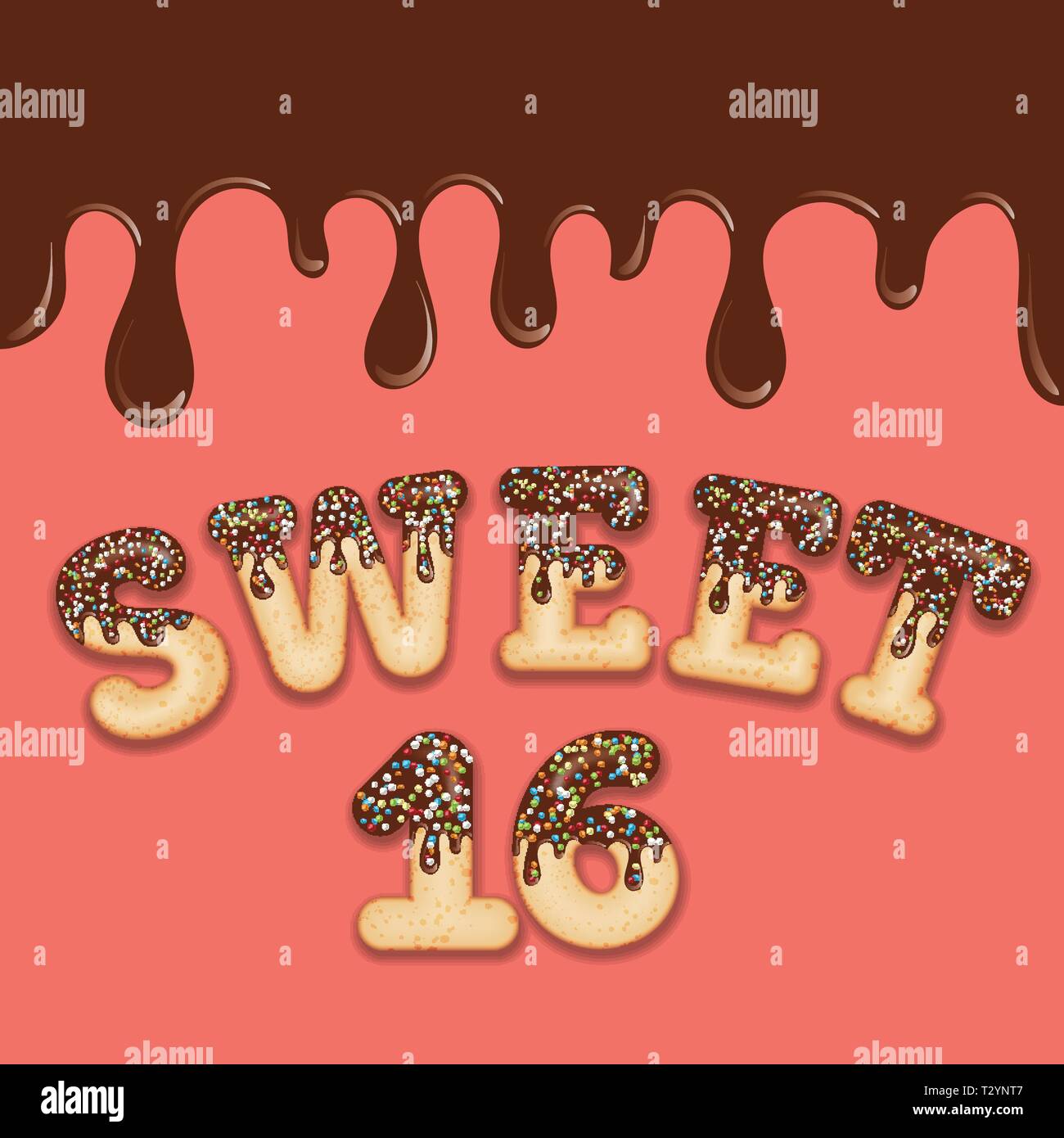 Verlockende Typografie. Vereisung Text. 'Sweet Sixteen' Geburtstag text glasiert mit Schokolade und Süßigkeiten. Donut Buchstaben. Vektor. Stock Vektor