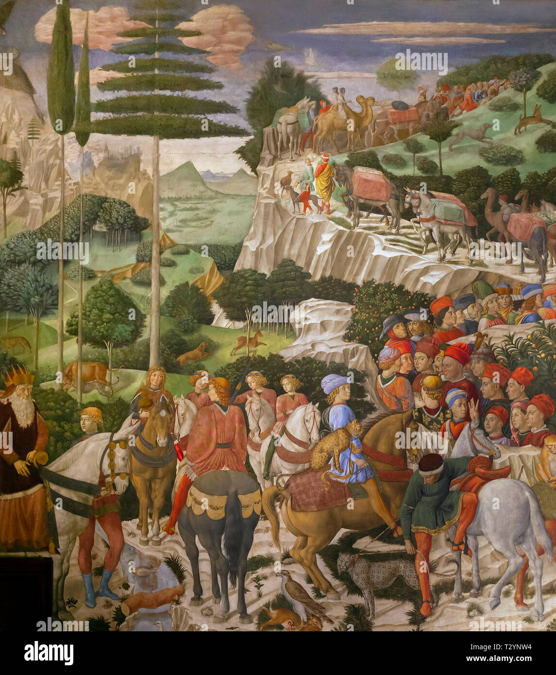 Prozession der alte König, Westwand, Freskenzyklus, Prozession der Heiligen Drei Könige, Benozzo Gozzoli, ca. 1459-1460, Capella dei Magi, Palazzo Medici Riccar Stockfoto