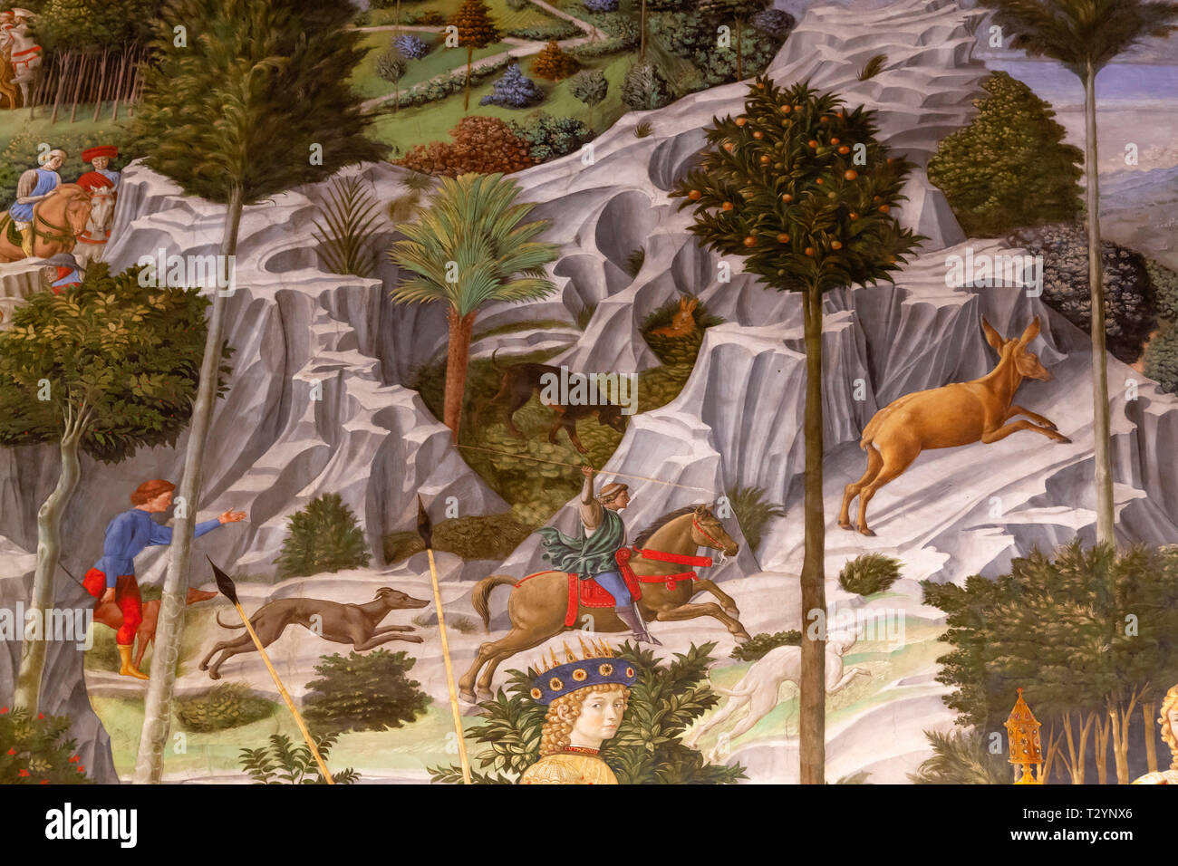 Jagdszene, Detail, Prozession der Jüngste König, Westwand, Freskenzyklus, der Prozession der Heiligen Drei Könige, Benozzo Gozzoli, circa 1459, Capella dei Stockfoto