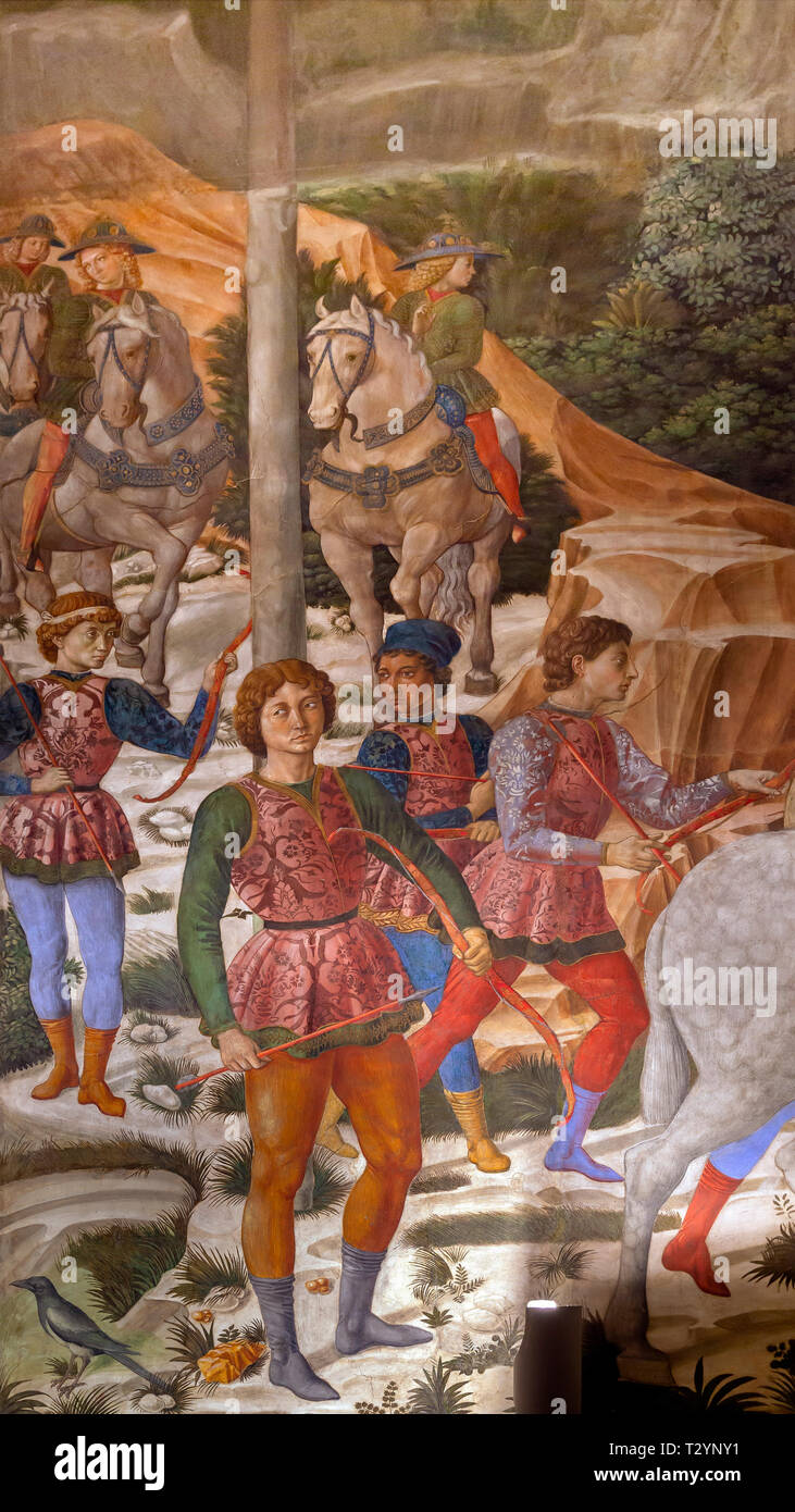 Bogenschützen, Freskenzyklus, der Prozession der Heiligen Drei Könige, Benozzo Gozzoli, circa 1459, Capella dei Magi, Palazzo Medici Riccardi, Florenz, Toskana, Italien, Stockfoto