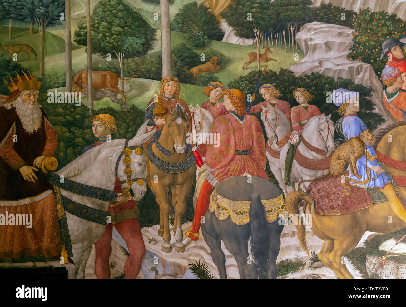 Prozession der alte König, Detail, Freskenzyklus, der Prozession der Heiligen Drei Könige, Benozzo Gozzoli, circa 1459, Capella dei Magi, Palazzo Medici Riccardi, Stockfoto
