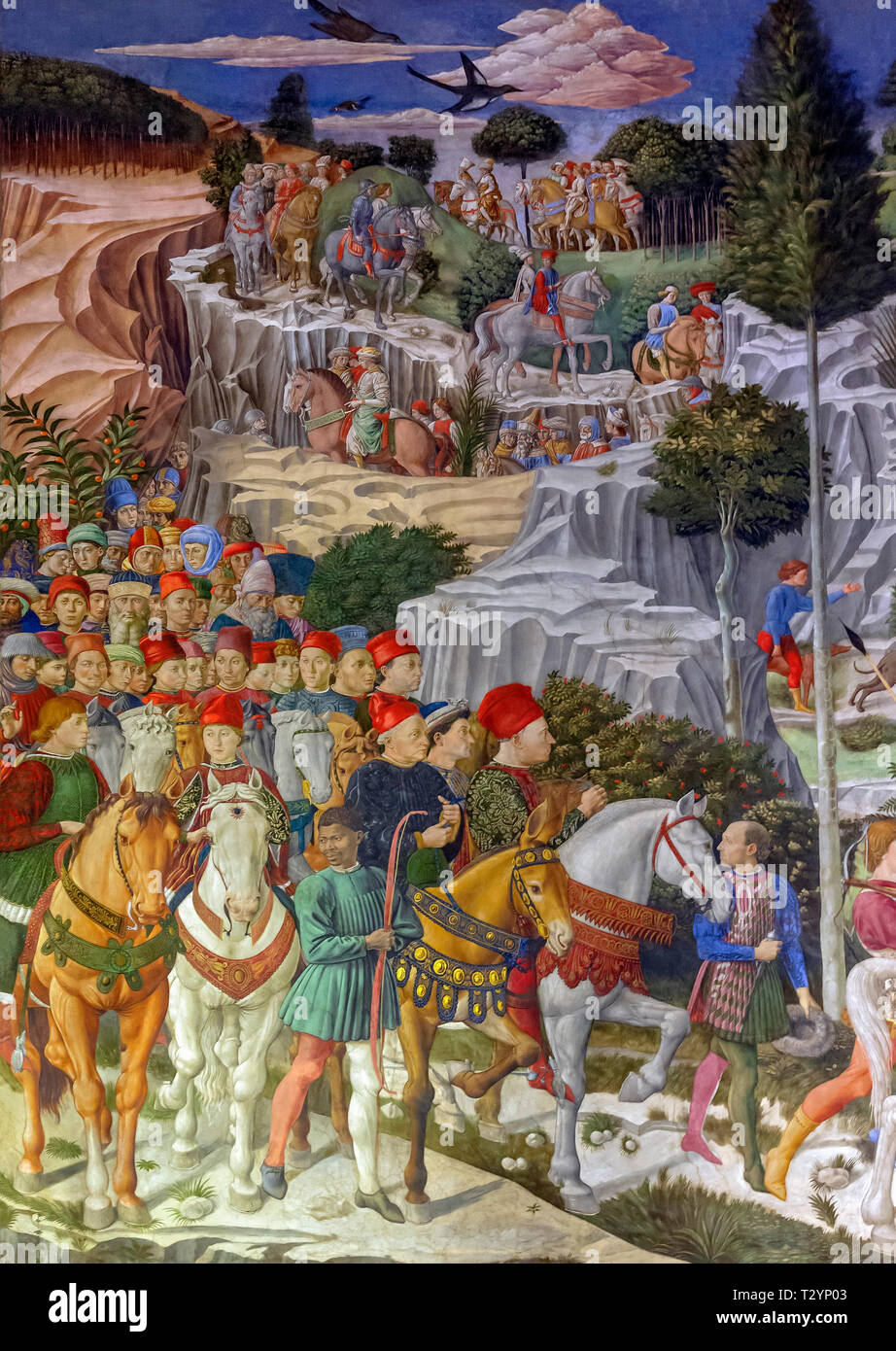 Cosimo, Giovanni und Piero Medici, Prozession der Jüngste König, Westwand, Freskenzyklus, der Prozession der Heiligen Drei Könige, Benozzo Gozzoli, ca. 1459 Stockfoto
