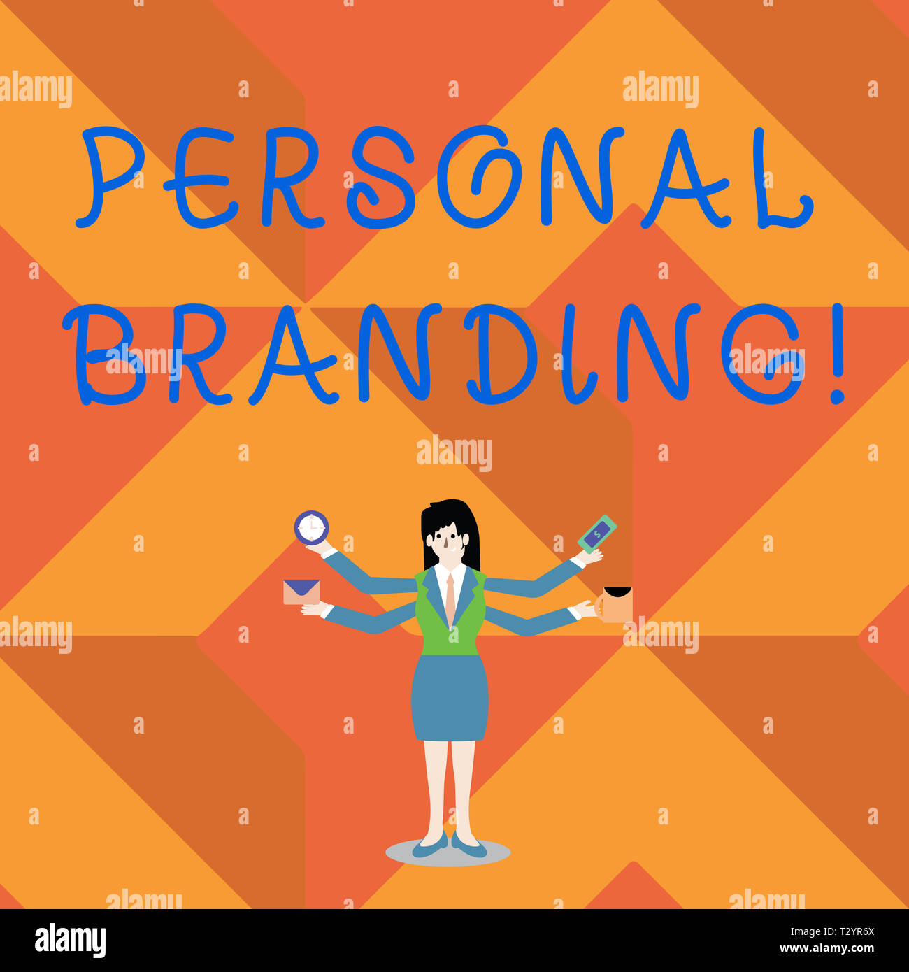 Schreiben Hinweis anzeigen Personal Branding. Business Konzept für Praxis, Marketing, sich selbst und ihre Karriere Frau mit vier Armen, Verlängerung Stockfoto