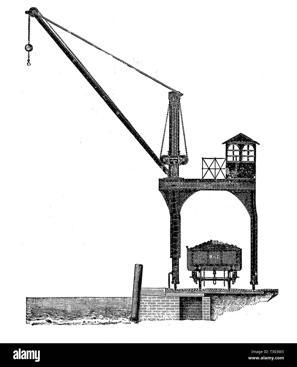 Drehbarer Kran auf festen Plattform Schiffe direkt vom Hafen Pier zu laden Stockfoto