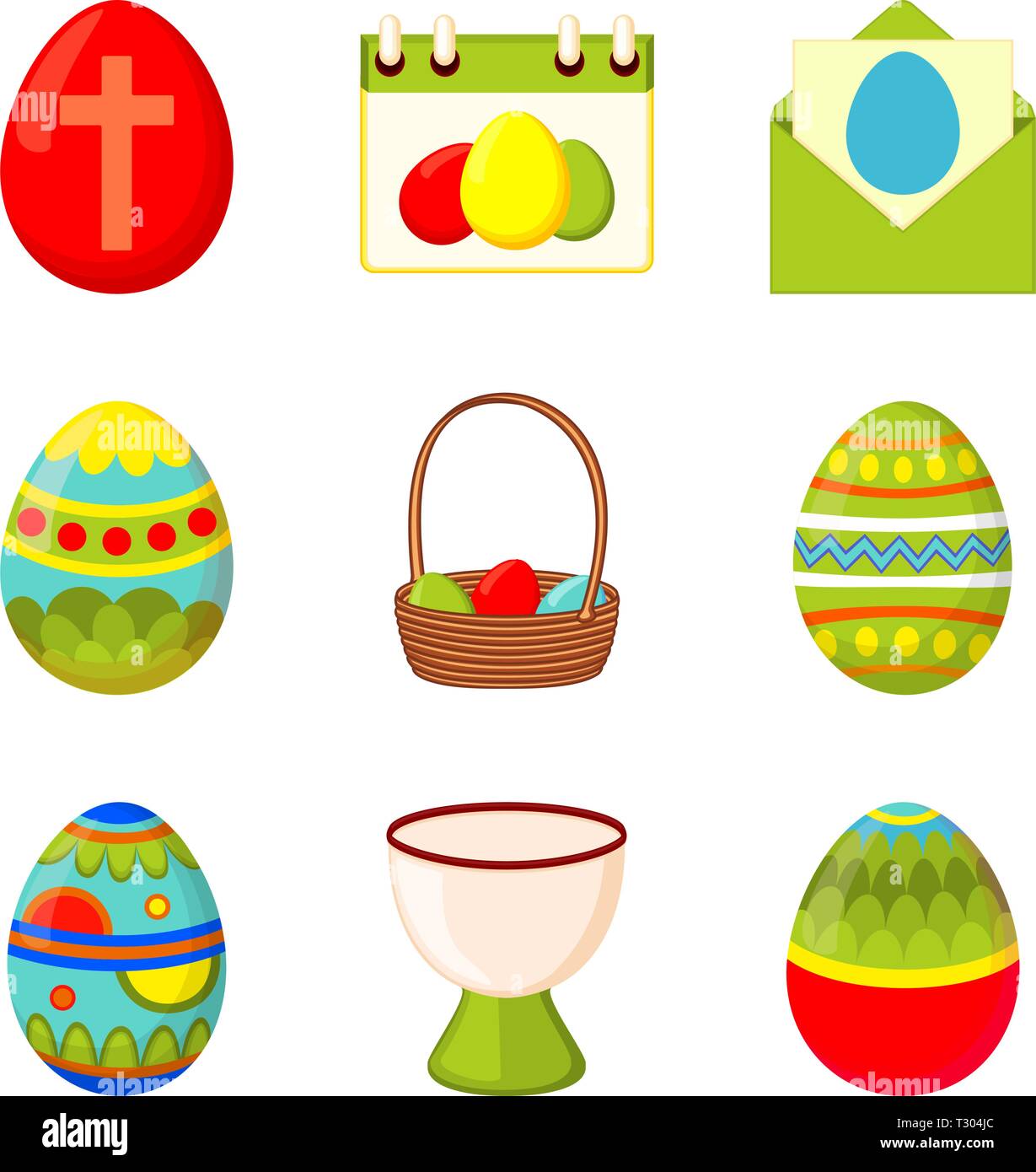 Bunte Cartoon 9 easter egg Elemente einstellen. Urlaub Christentum Symbole. Christian holiday themed Vector Illustration für Stempel, Aufkleber, Zertifikat, br Stock Vektor