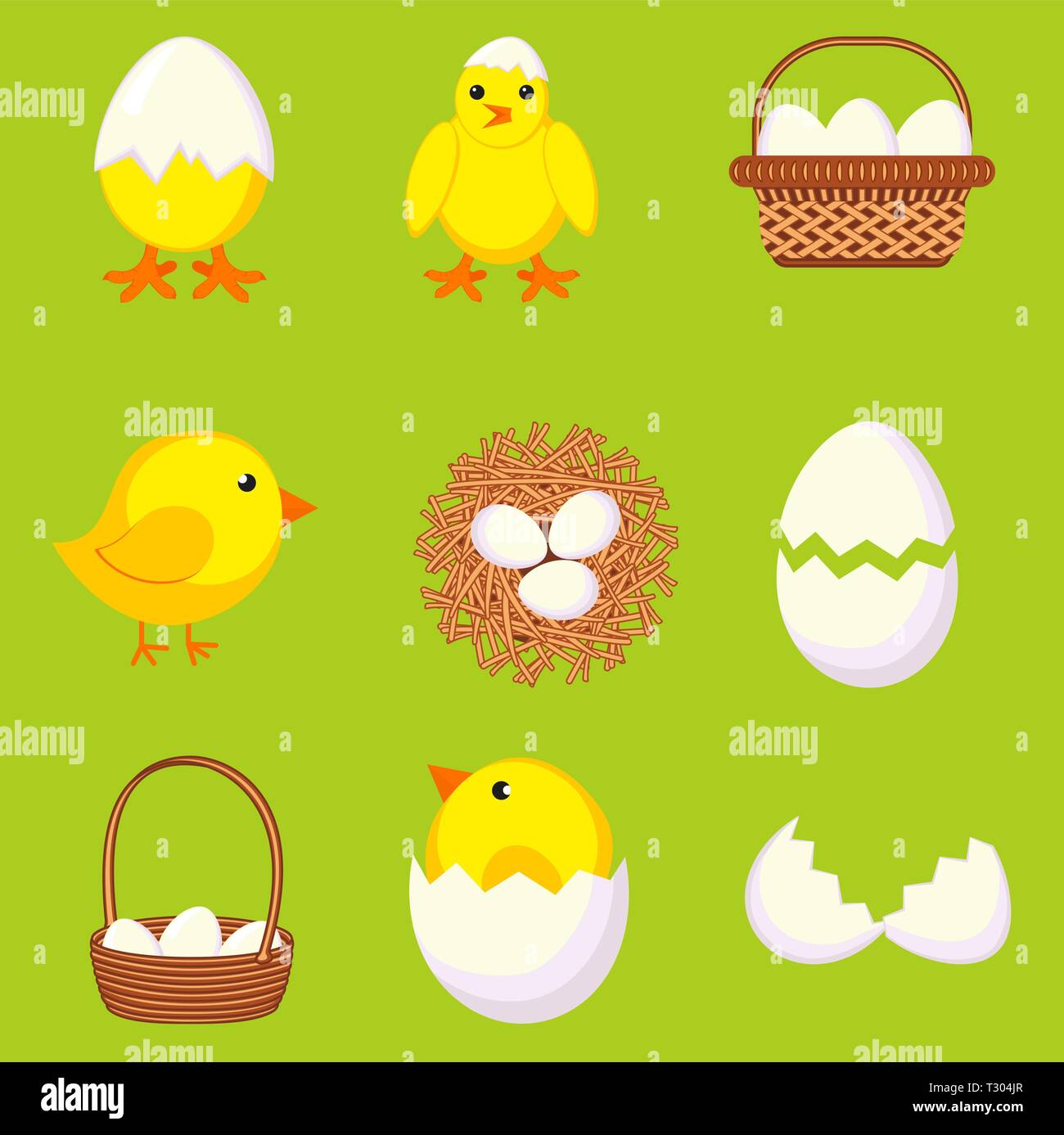 Bunte cartoon huhn eier gesetzt. Neue Küken, gebrochene Eier und Nest ...