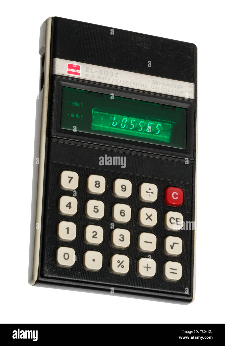 1970 Taschenrechner. Einfache arithmetische Maschine, Handheld Gerät. Sharp ELSI MATE EL-8031. Das Wort Verluste formuliert auf dem Display. Stockfoto