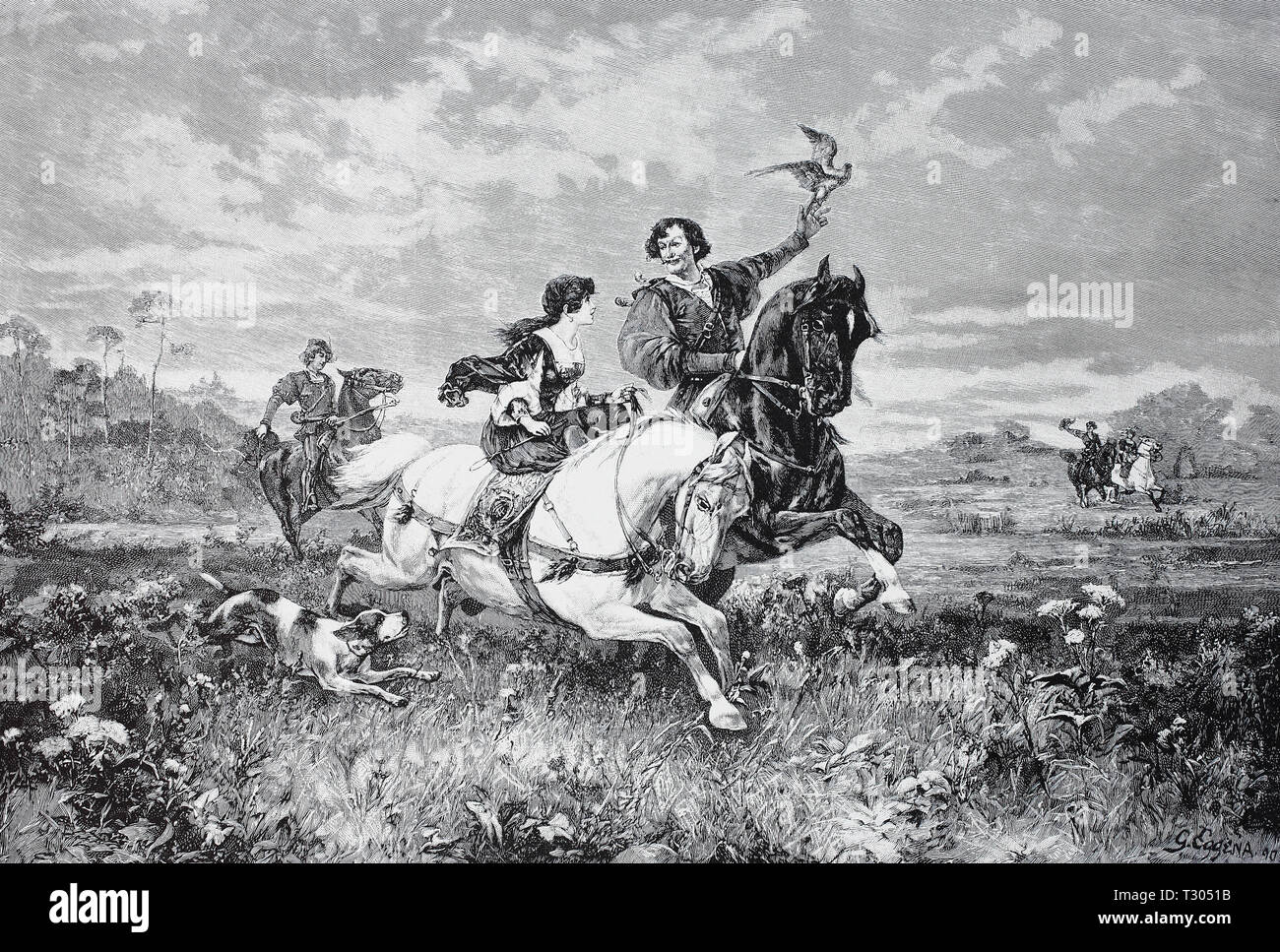 Digital verbesserte Reproduktion, der Reiher Fleck, eine königliche Jagd Vergnügen im Mittelalter, mit Falken waren fliegende Reiher gejagt, Sterben Reiherbeize, ein königliches Jagdvergnügen im Mittelalter, mit Falken wurden fliegende Reiher gejagt, von einer ursprünglichen Drucken aus dem 19. Jahrhundert Stockfoto