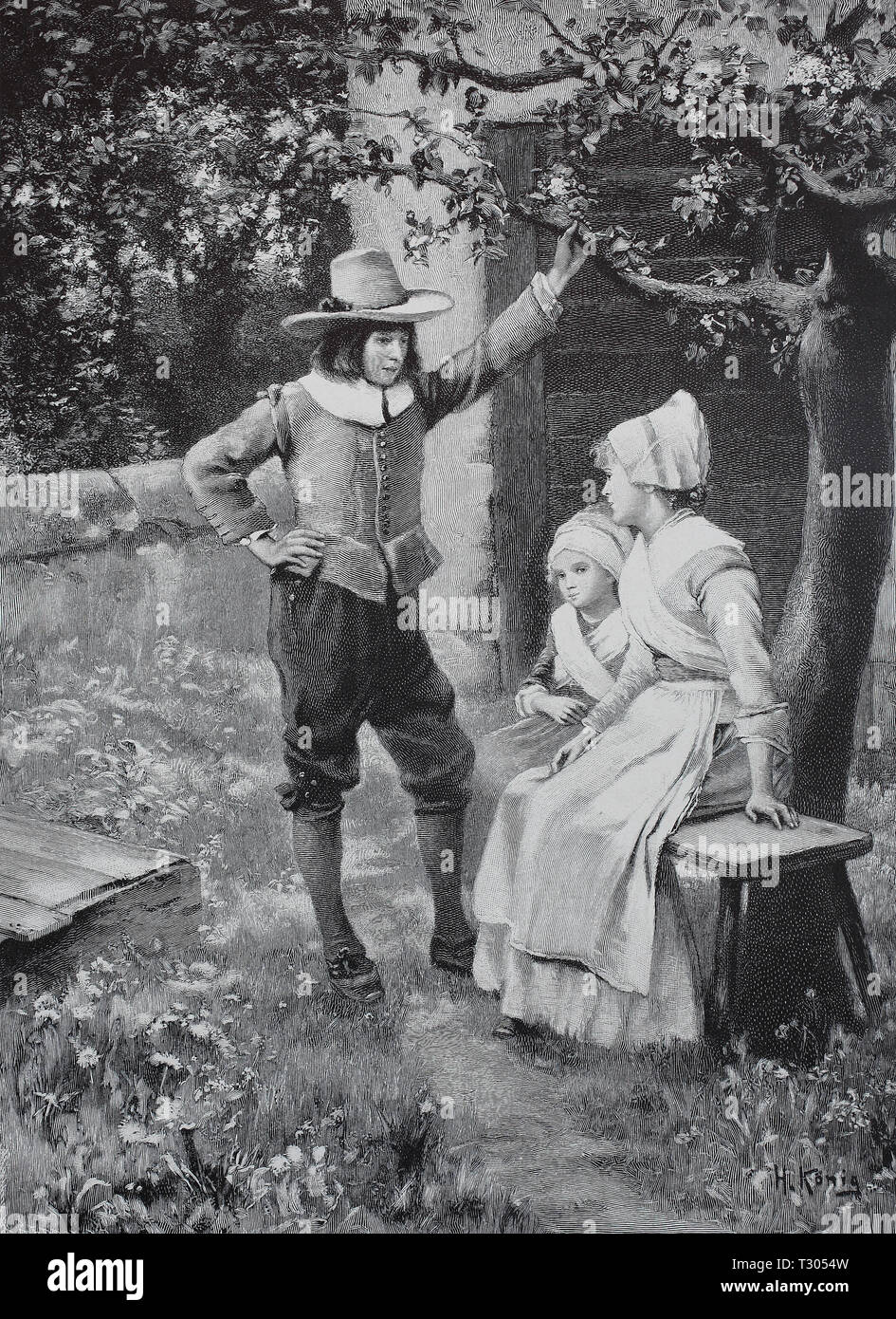 Digital verbesserte Reproduktion, unter einem Apfelbaum Knaben im Garten, unter einem Apfelbaum treffen sich Jugendliche im Garten, von einer ursprünglichen Drucken aus dem 19. Jahrhundert Stockfoto