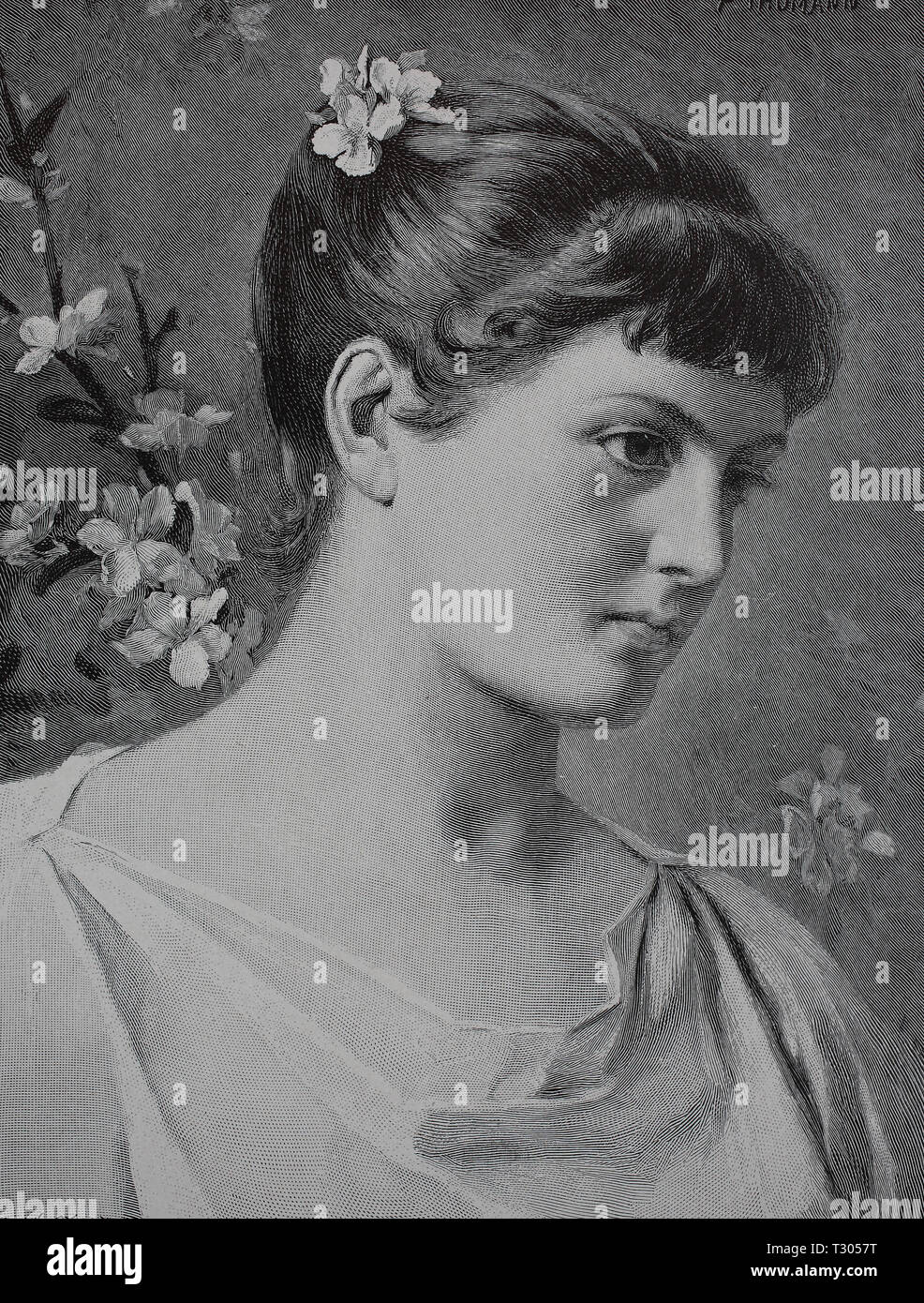 Digital verbesserte Reproduktion, Mädchen mit Apple Blüten im Haar und im Hintergrund, Mädchen mit Apfelblüten im Haar und im Hintergrund, von einer ursprünglichen Drucken aus dem 19. Jahrhundert Stockfoto