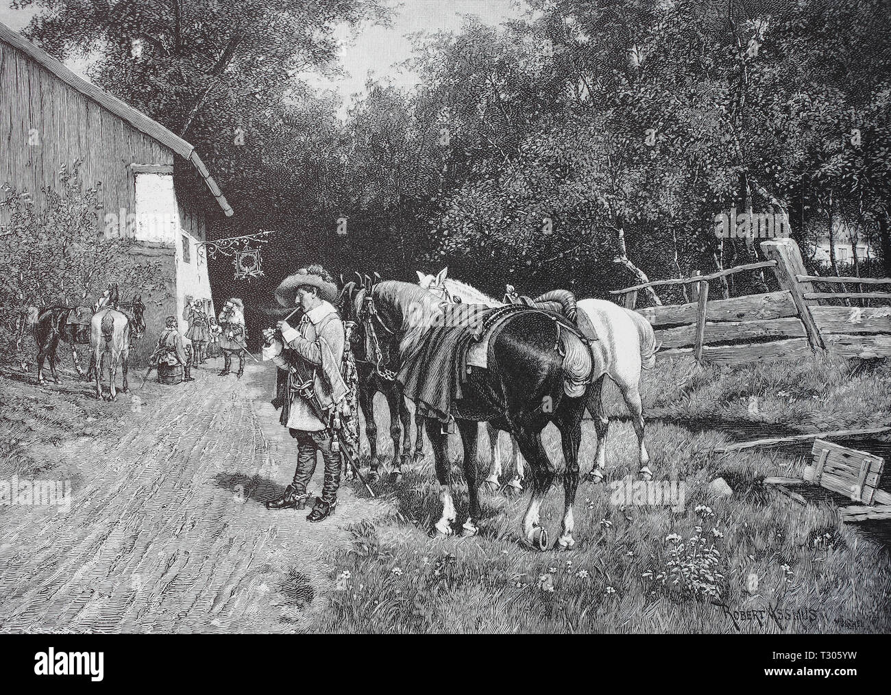Digital verbesserte Reproduktion, Truppe der Reiter von Soldaten mit dem Stop in einem Wald Inn, Reitertrupp aus Soldaten bei der Einkehr in einer Waldschenke, von einer ursprünglichen Drucken aus dem 19. Jahrhundert Stockfoto