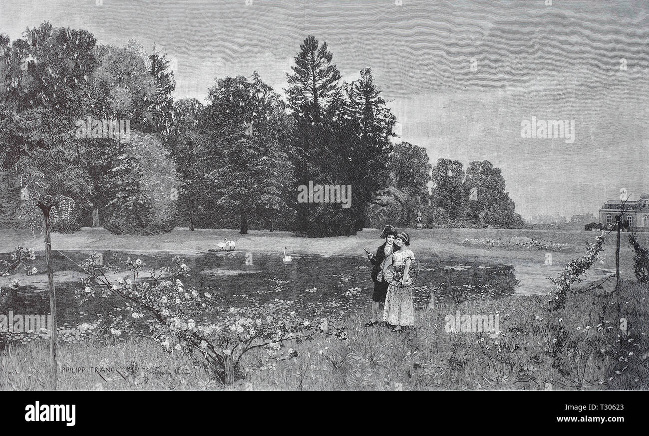 Digital verbesserte Reproduktion, im Park einer kleinen Lustschloss das Paar in Liebe Spaziergänge rund um den Teich, im Park des kleinen Lustschloß spaziert Das verliebte Paar um den Teich, von einer ursprünglichen Drucken aus dem 19. Jahrhundert Stockfoto