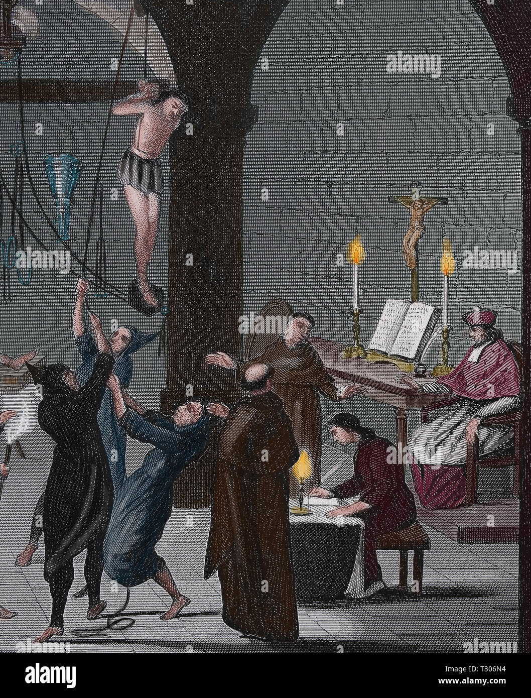 Die Methoden der Folter bei der Vernehmung der Inquisition. Gravur, 19. Farbe. Stockfoto Die Methoden der Folter bei der Vernehmung der Inquisition. Gravur, 19. Farbe. Stockfoto