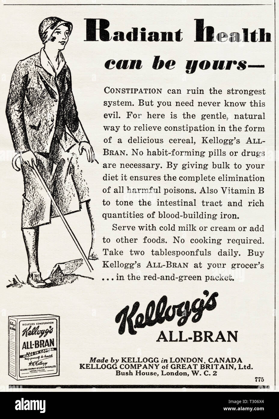 Original 30er Vintage alte drucken Werbung von 30 s englische Magazin Werbung Kellogg All-Bran ca. 1932 Stockfoto