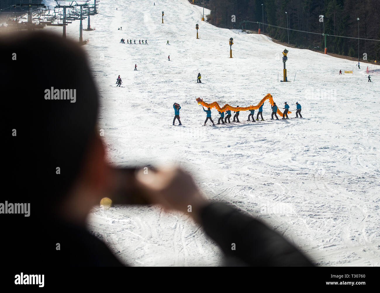 KRANJSKA Gora, Slowenien - 16. MÄRZ 2019: Skifahrer aus einem der Skischule mit dem chinesischen Drachen, zum ersten Mal auf Skiern. Stockfoto