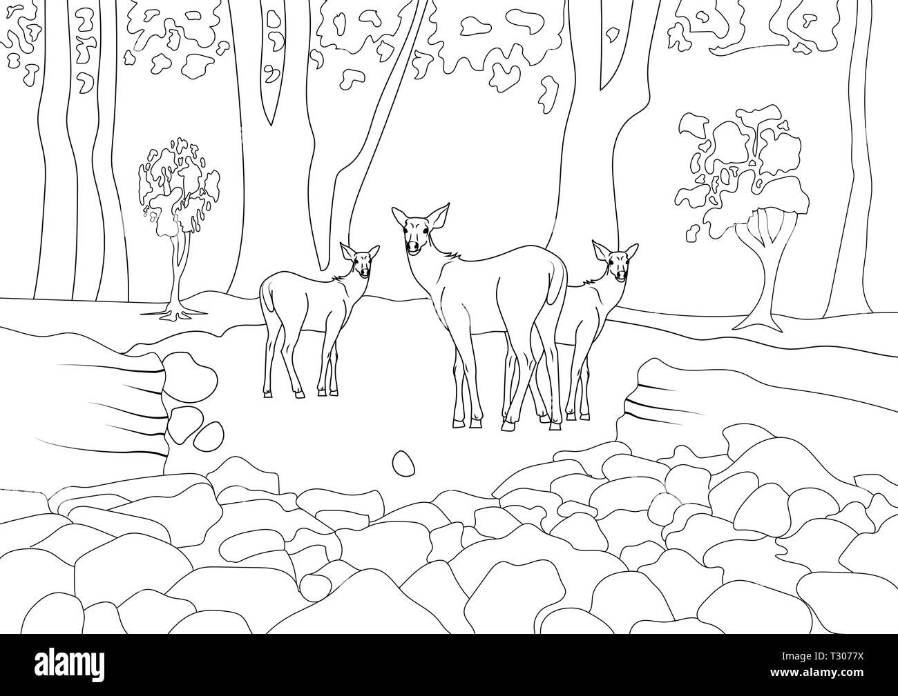 Jungle Szene mit Rehe und andere Tiere Zeichnung Stock Vektor
