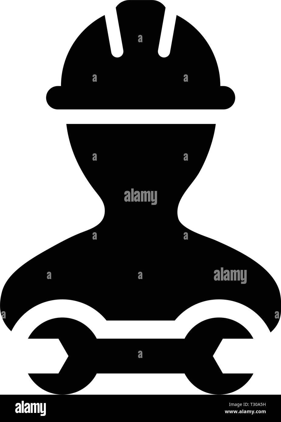 Aufsichtsplatz-symbol Vektor männlichen Bauarbeiter person Profil Avatar mit Schutzhelm Helm und Schraubenschlüssel oder Schraubenschlüssel Werkzeug in Glyph Piktogramm Abbildung Stock Vektor