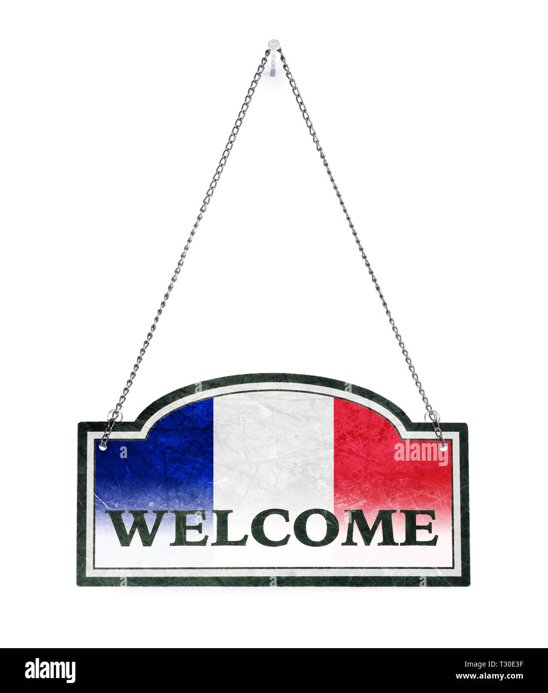 Frankreich heißt Sie willkommen! Alte Metall Zeichen isoliert auf weißem Stockfoto