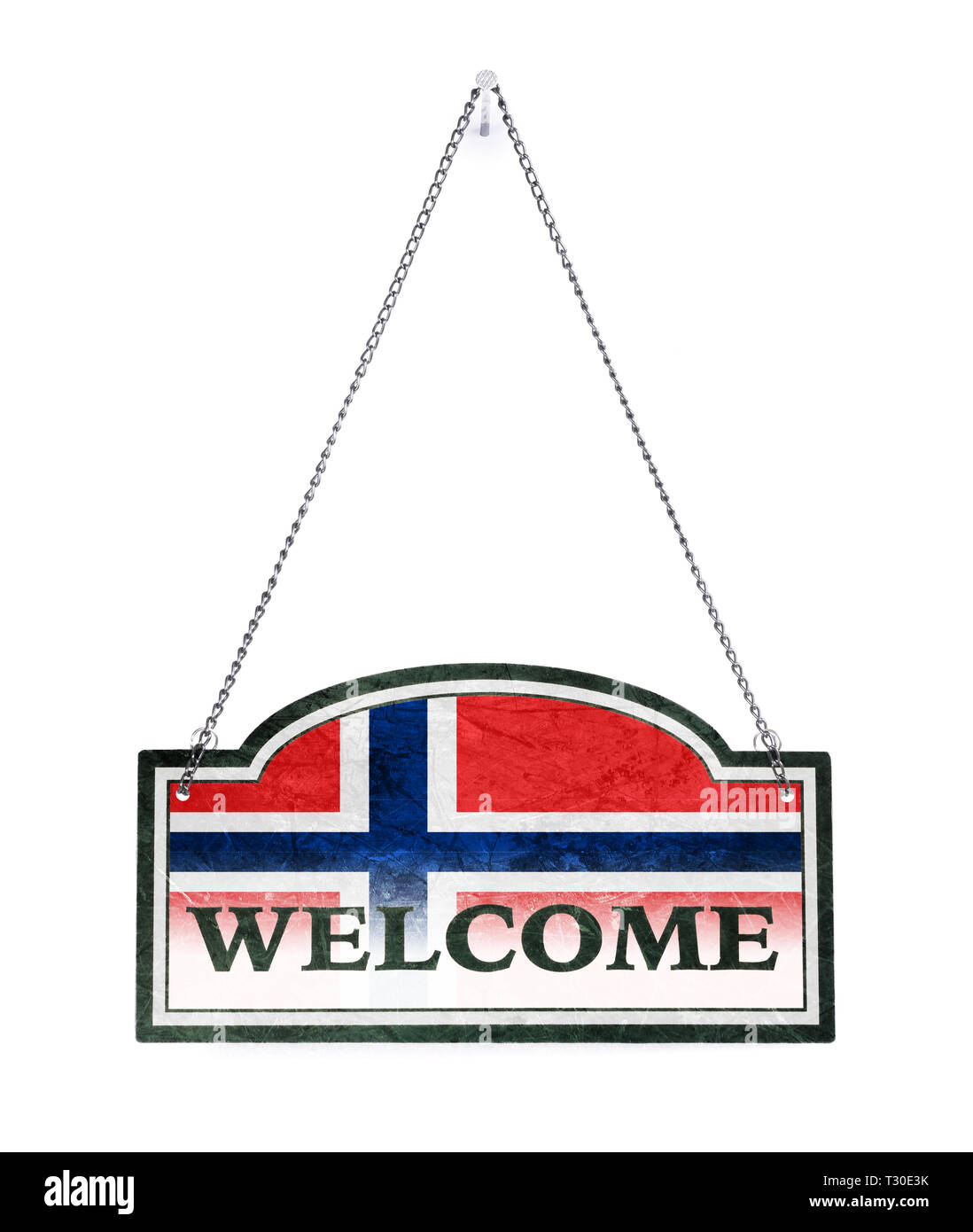 Norwegen heißt Sie willkommen! Alte Metall Zeichen isoliert auf weißem Stockfoto