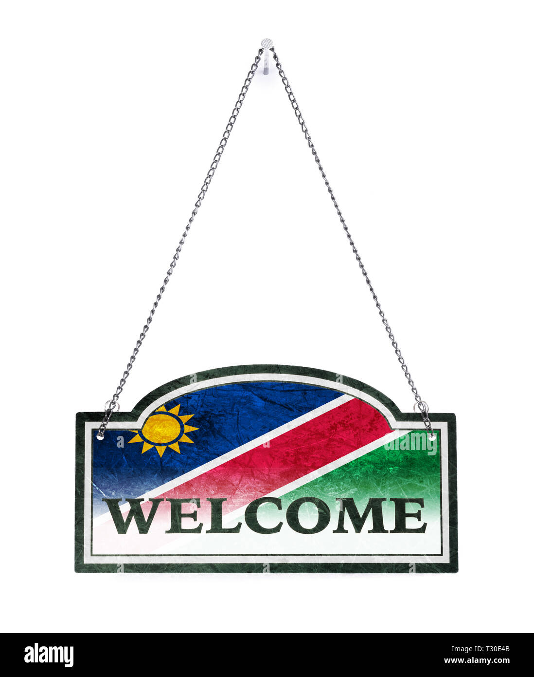 Namibia heißt Sie willkommen! Alte Metall Zeichen isoliert auf weißem Stockfoto