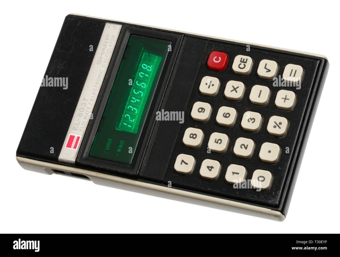 1970 Taschenrechner. Einfache arithmetische Maschine, Handheld Gerät. Sharp ELSI MATE EL-8031 Stockfoto
