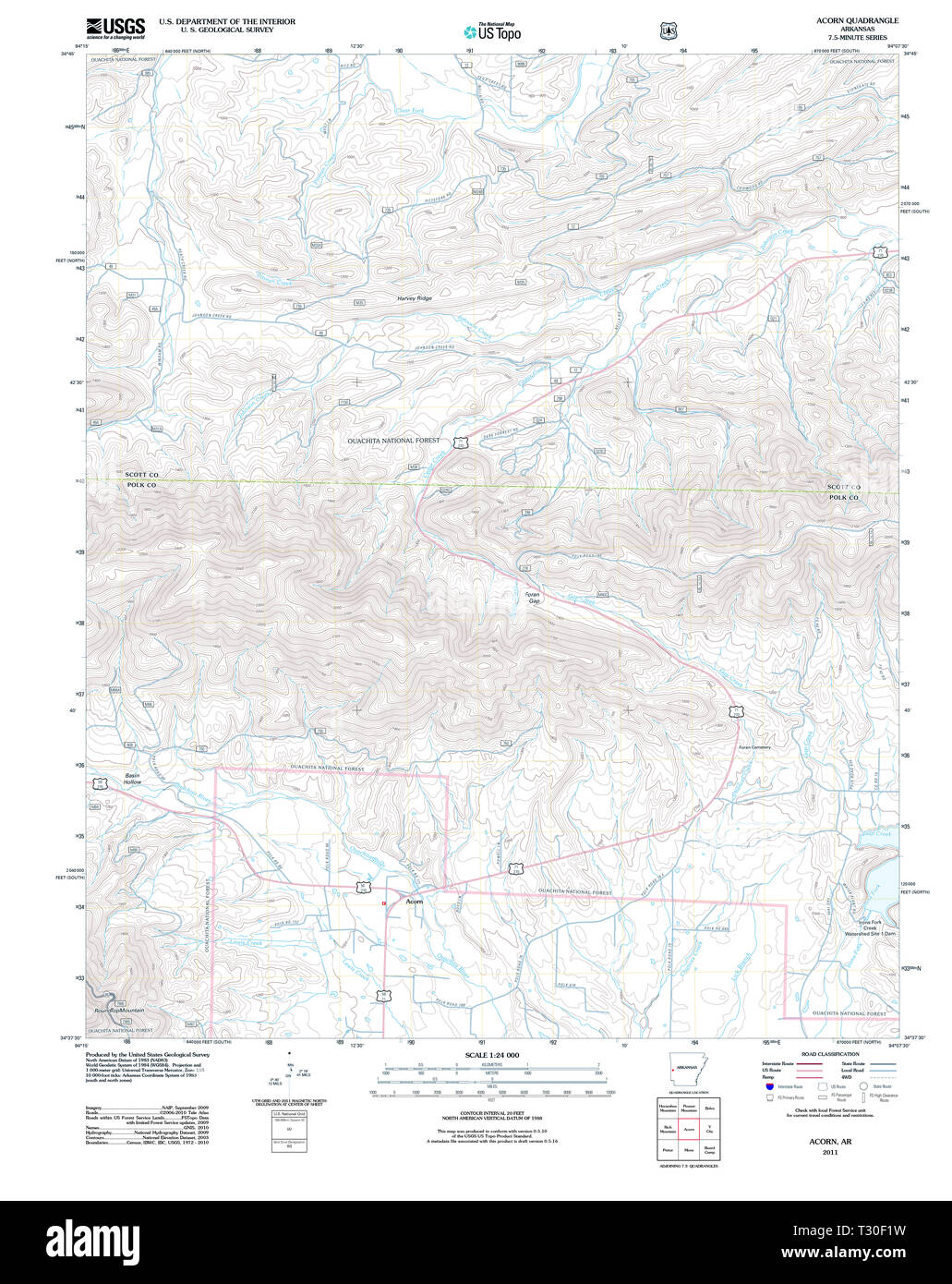 USGS TOPO Karte Arkansas AR Acorn 20110811 TM Wiederherstellung Stockfoto