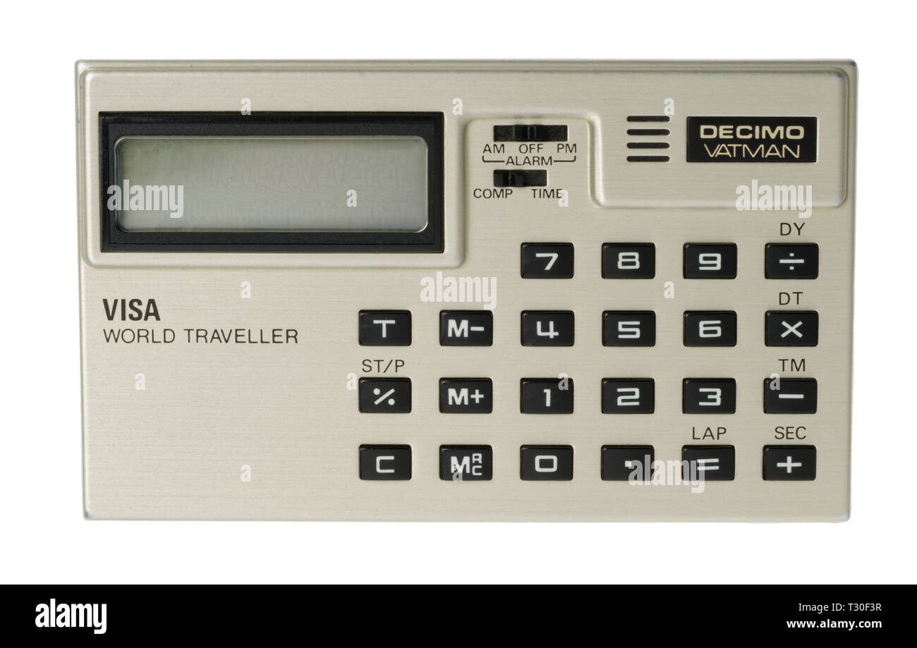1970 Taschenrechner. Einfache arithmetische Maschine, Handheld Gerät. Decimo Vatman Visa World Traveller Stockfoto