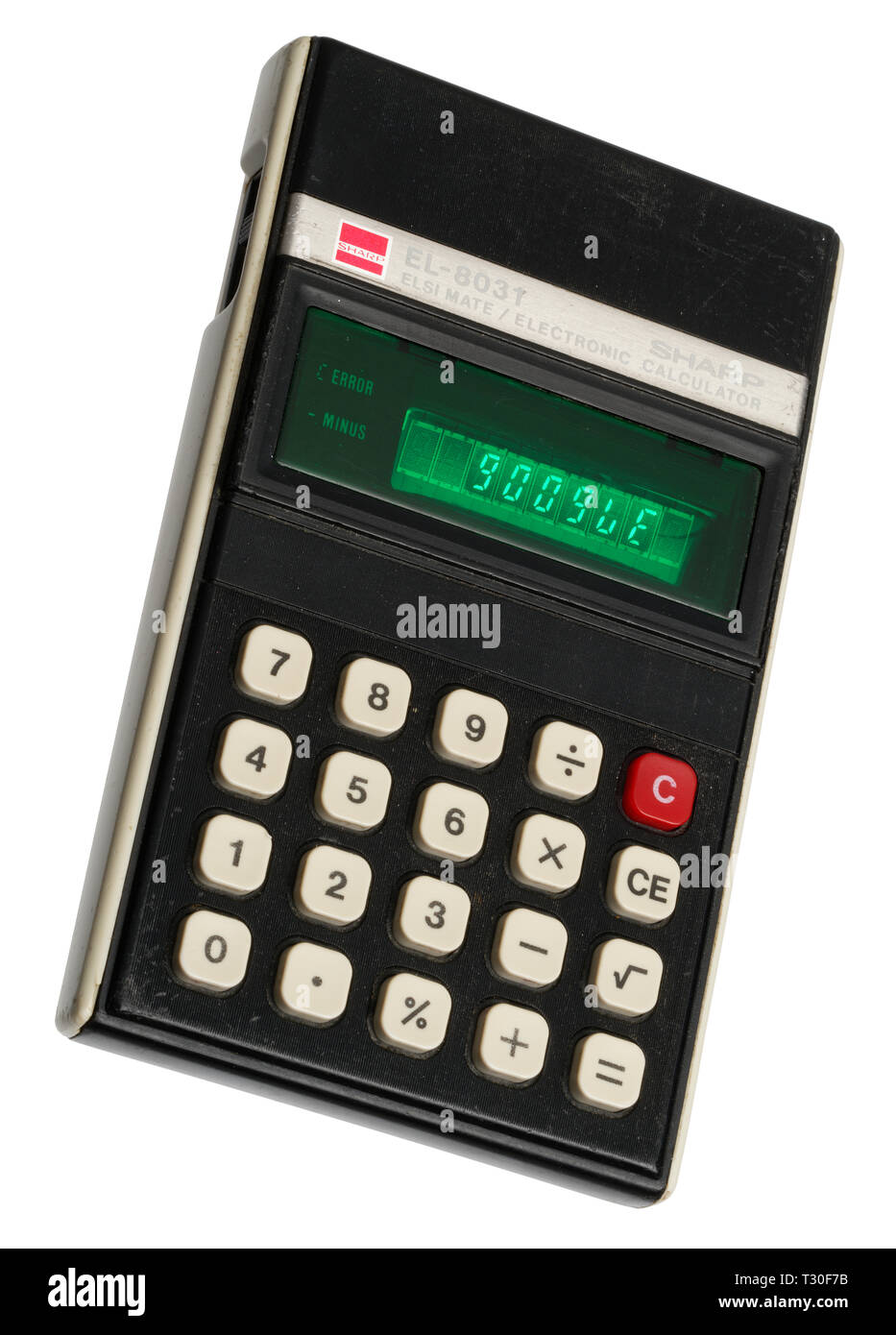 1970 Taschenrechner. Einfache arithmetische Maschine, Handheld Gerät. Sharp ELSI MATE EL-8031. Das Wort Google Dinkel auf der Anzeige. Stockfoto