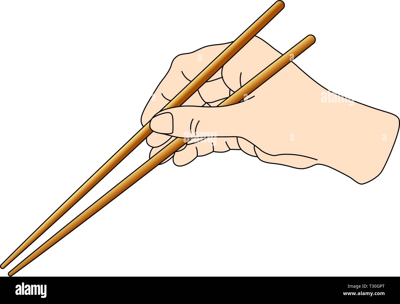 Hand mit Sushi sticks für Brötchen. Regelung, wie sie in Asien China Japan Stäbchen position Anweisung zu halten. Vector Illustration auf weißen isoliert Stock Vektor
