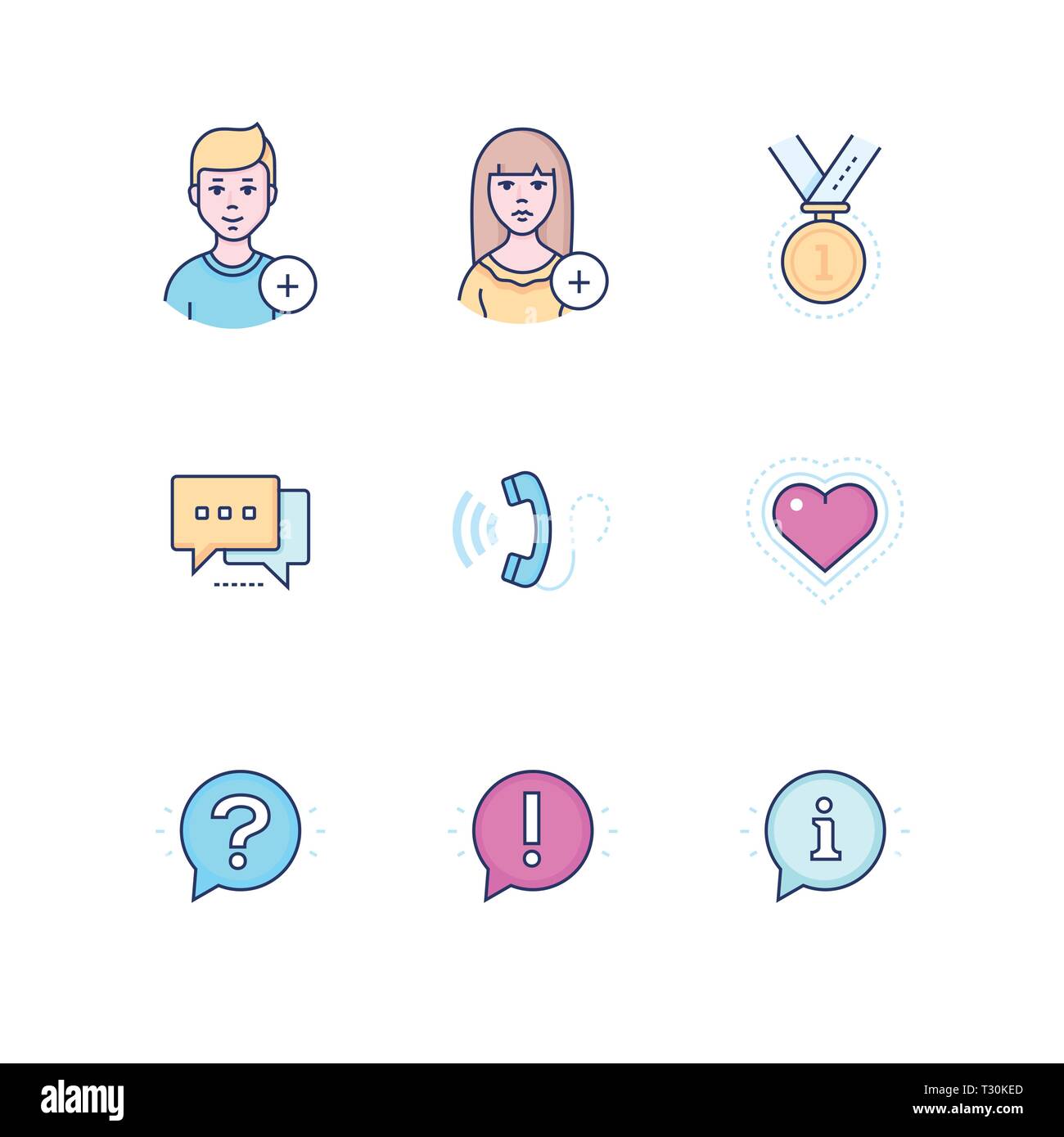 Social Media - modernes Design style Icons einstellen. Hochwertige pink, blau Bilder mit Symbolen, weibliche oder männliche Benutzer, Medaille, Freunde hinzufügen, chat, Anruf, h Stock Vektor